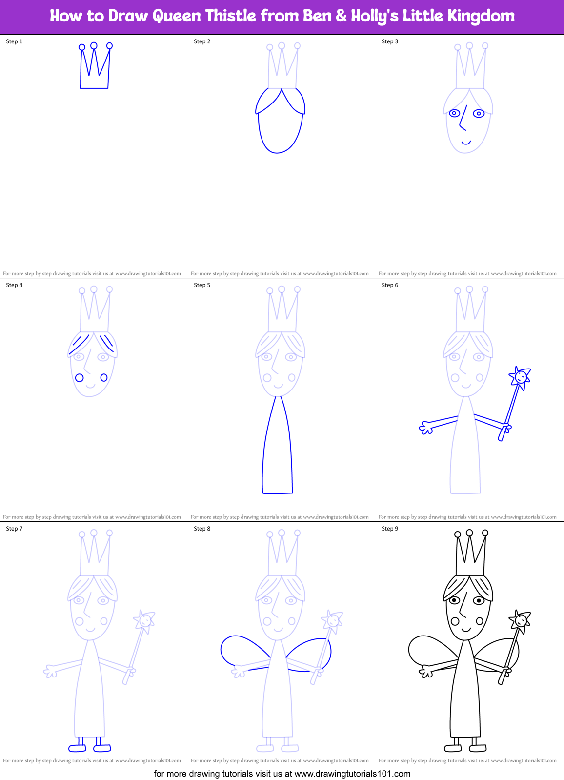How to Draw Queen Thistle from Ben & Holly's Little Kingdom Printable Step by Step