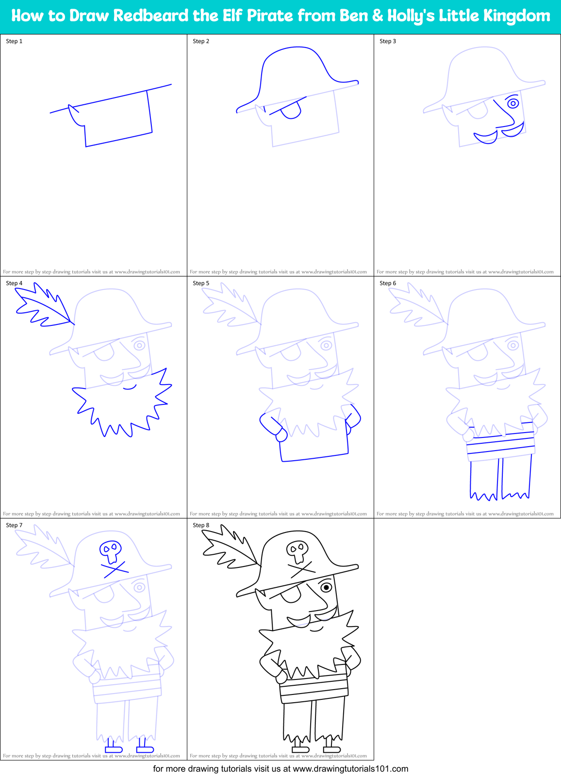 How to Draw Redbeard the Elf Pirate from Ben & Holly's Little Kingdom Printable Step by Step