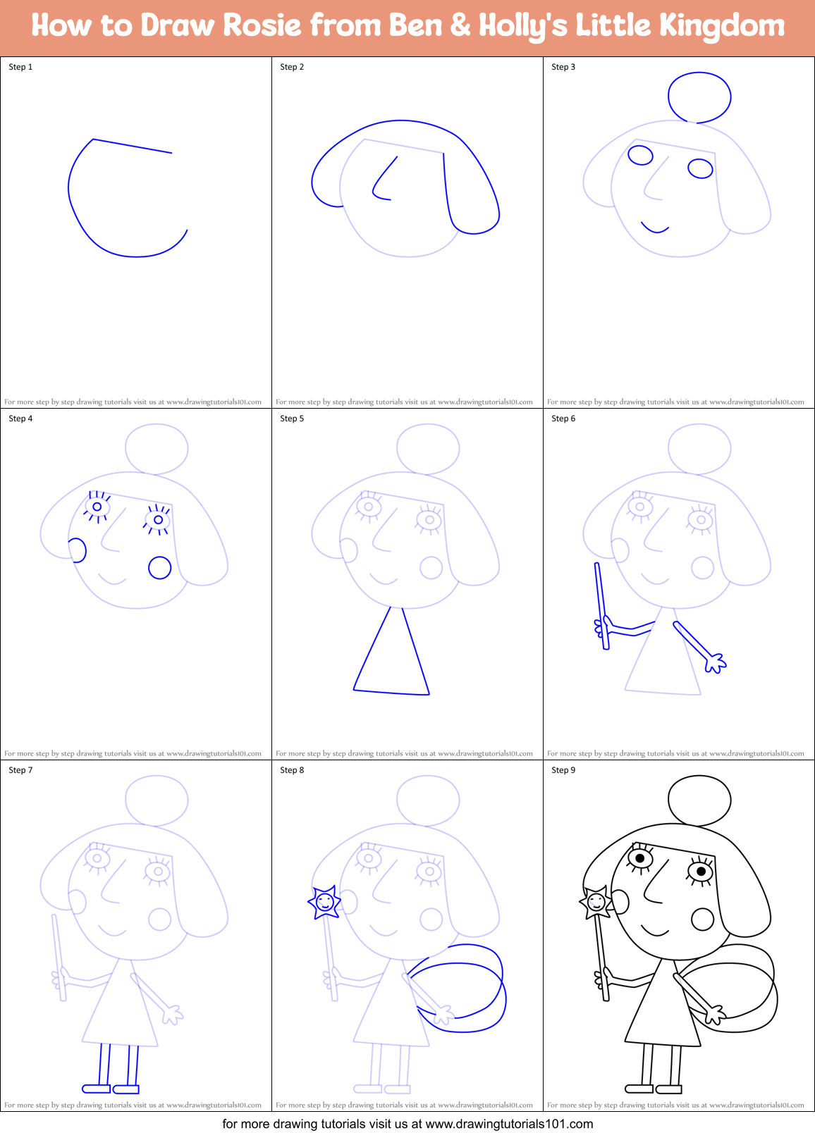 How to Draw Rosie from Ben & Holly's Little Kingdom Printable Step by Step
