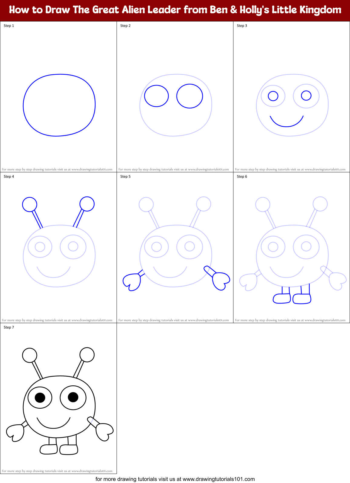 How to Draw The Great Alien Leader from Ben & Holly's Little Kingdom Printable Step by Step