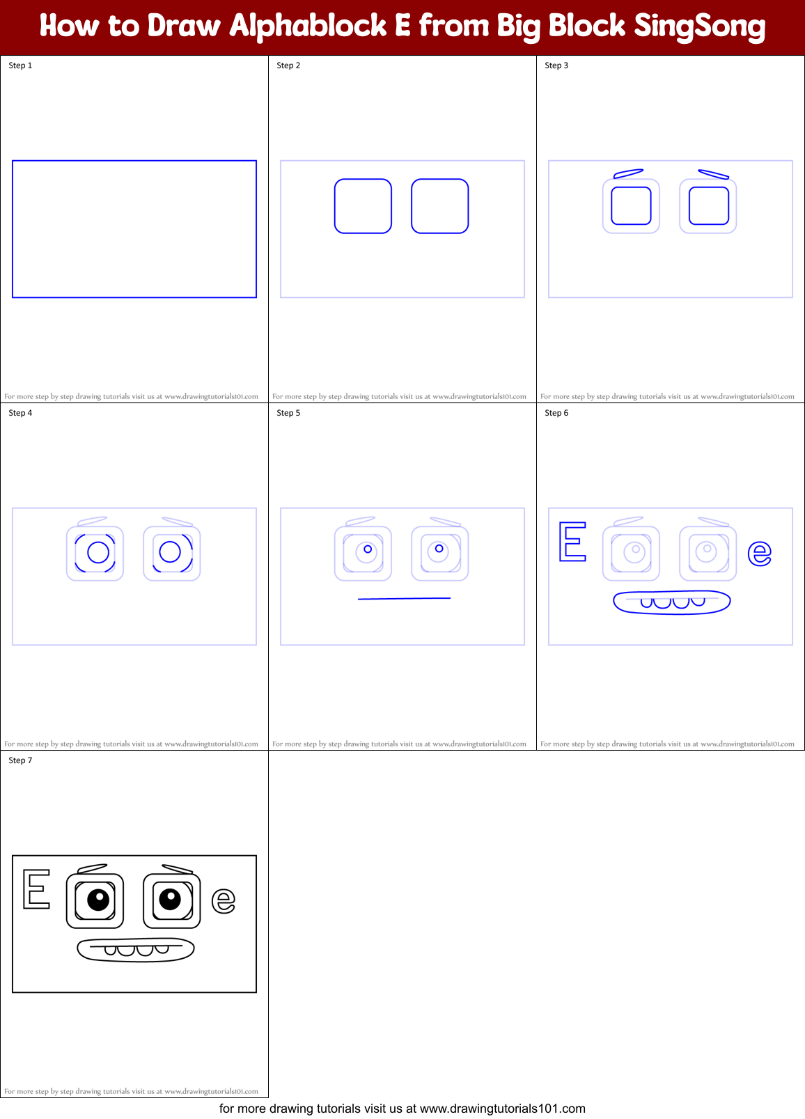 How to Draw Alphablock E from Big Block SingSong Printable Step by Step