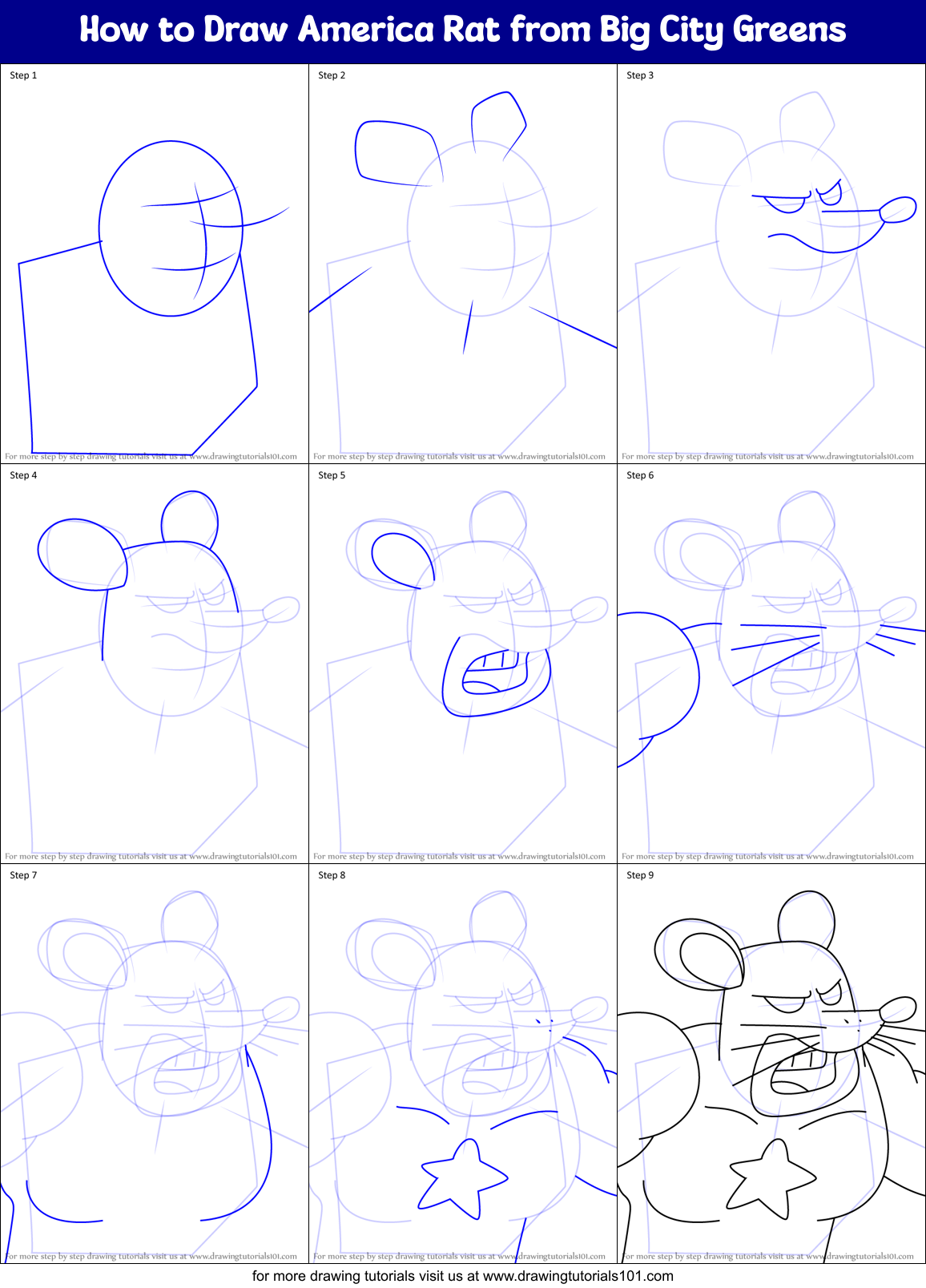 How to Draw America Rat from Big City Greens Printable Step by Step