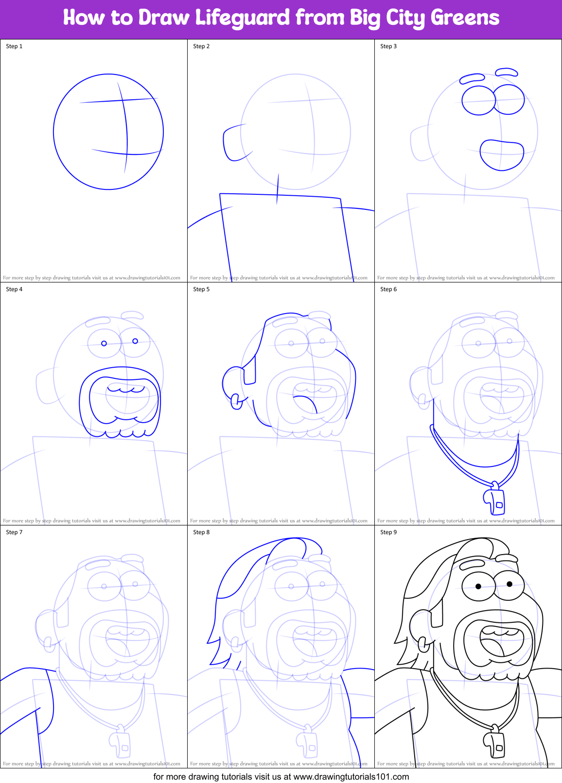 How to Draw Lifeguard from Big City Greens Printable Step by Step