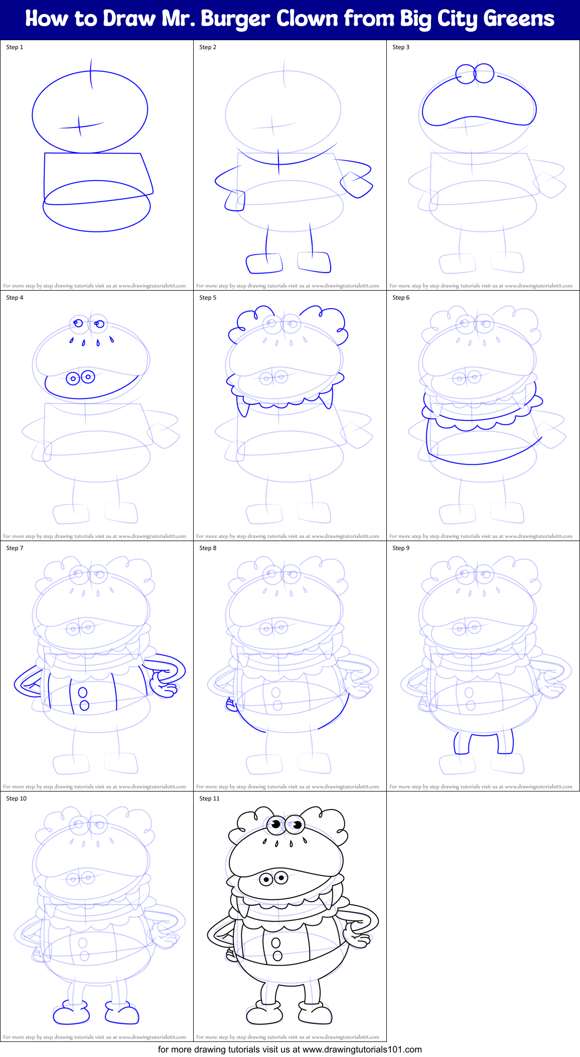 How to Draw Mr. Burger Clown from Big City Greens Printable Step by Step