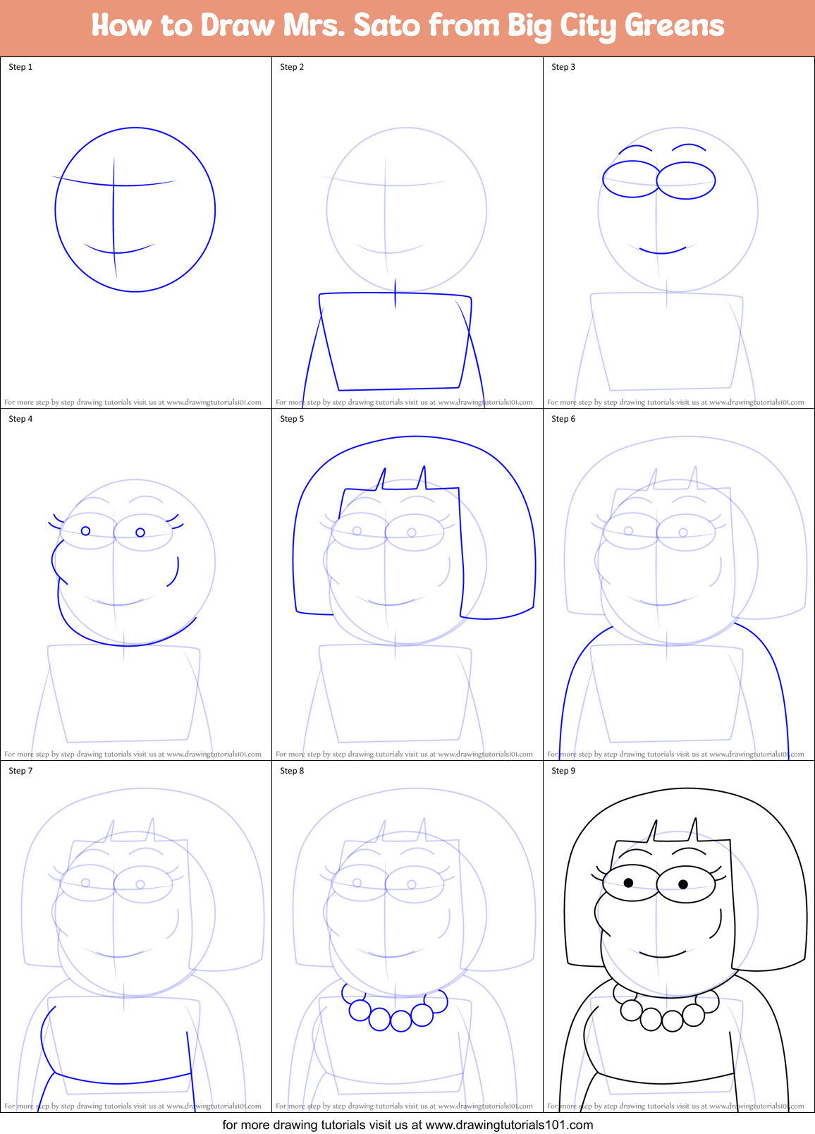 How to Draw Mrs. Sato from Big City Greens Printable Step by Step