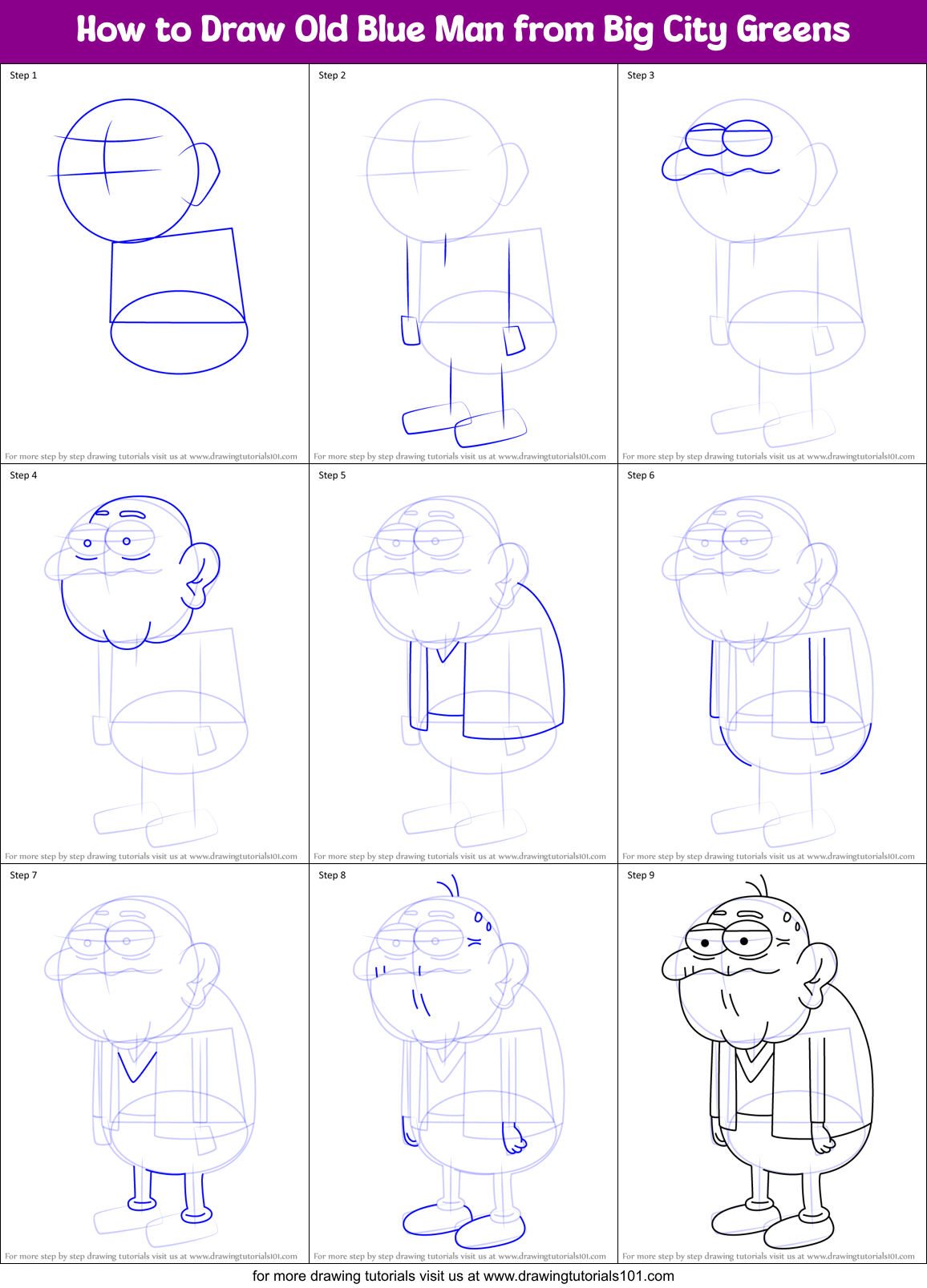 How to Draw Old Blue Man from Big City Greens Printable Step by Step