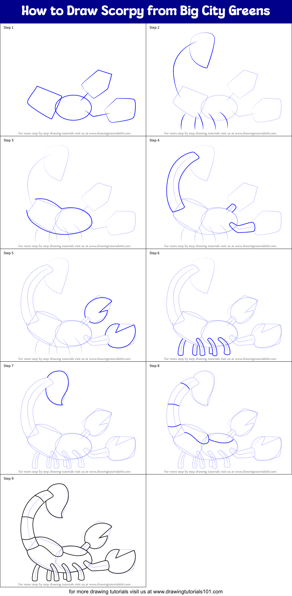 How to Draw Scorpy from Big City Greens Printable Step by Step