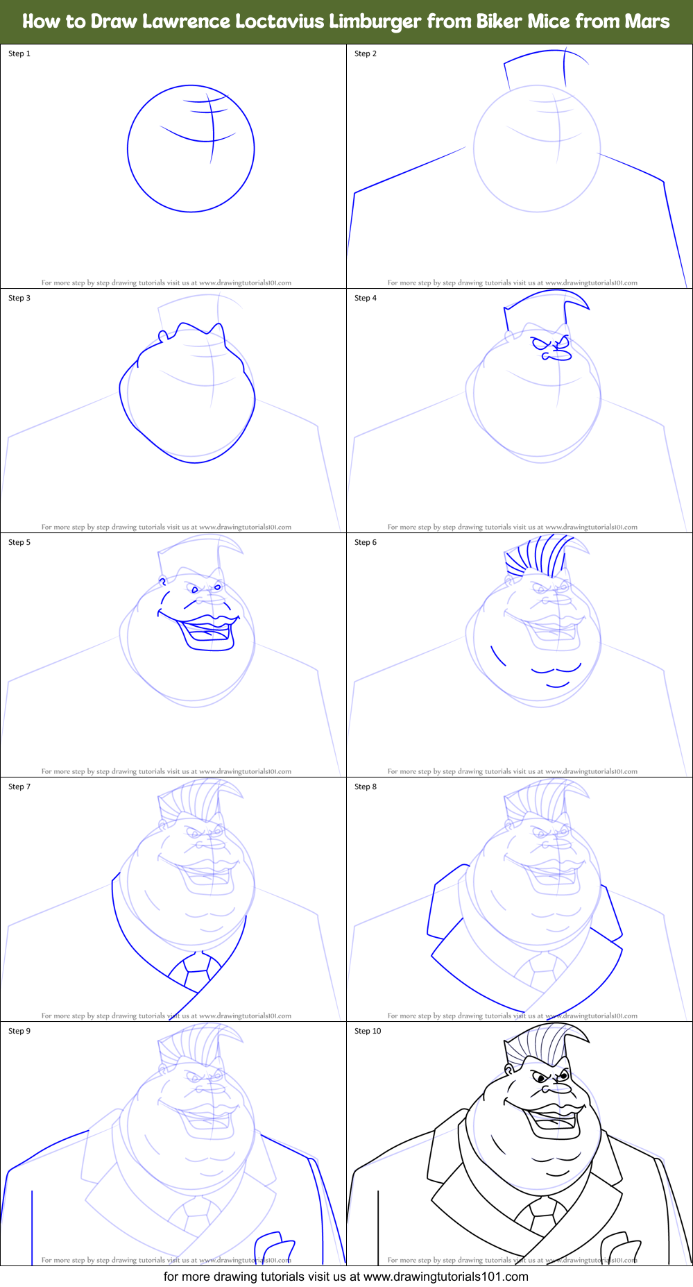 How to Draw Lawrence Loctavius Limburger from Biker Mice from Mars Printable Step by Step