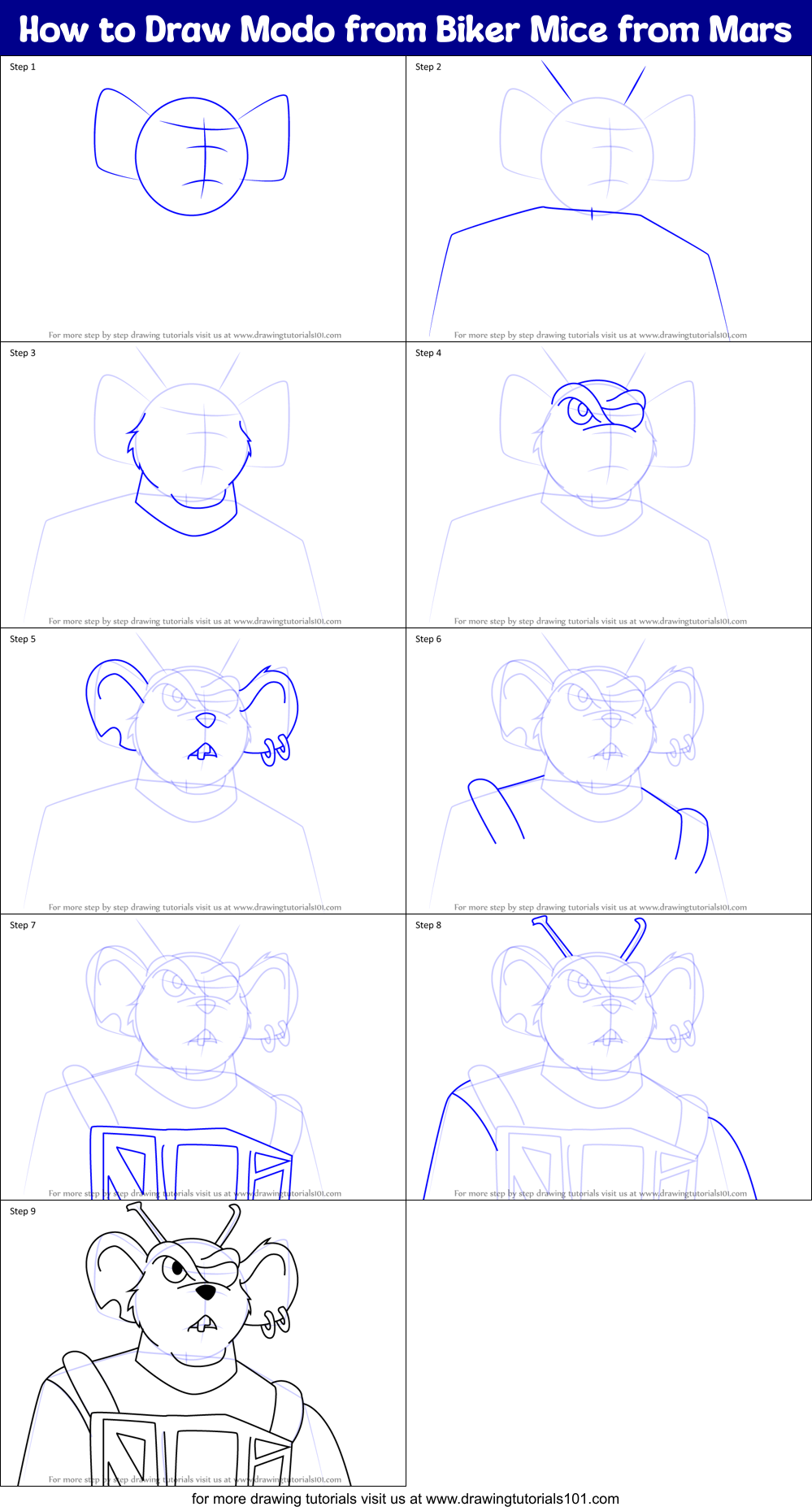 How to Draw Modo from Biker Mice from Mars Printable Step by Step