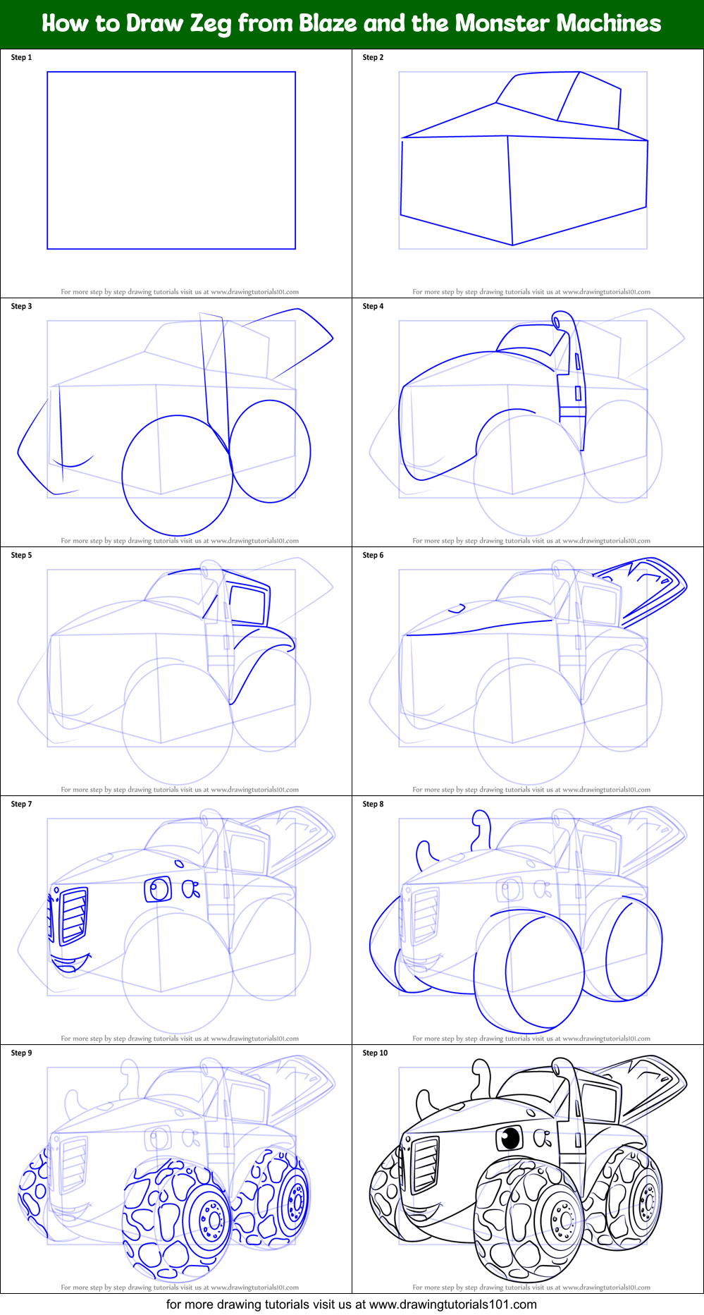 How to Draw Zeg from Blaze and the Monster Machines Printable Step by Step