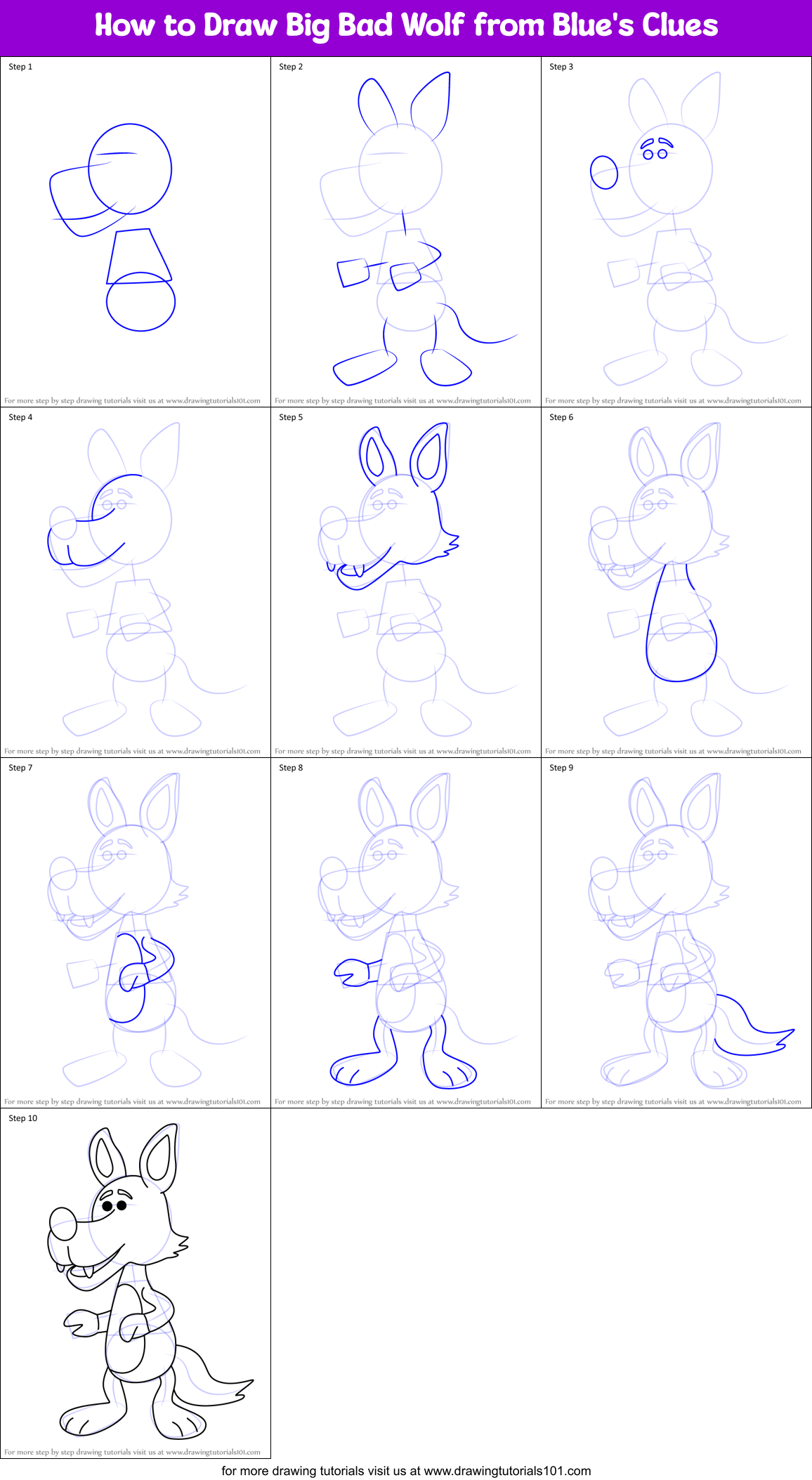 How to Draw Big Bad Wolf from Blue's Clues Printable Step by Step