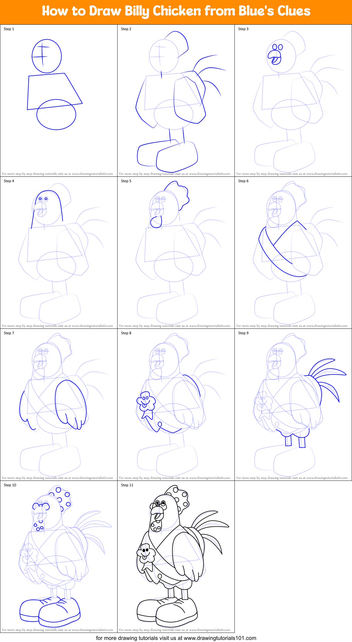 How to Draw Billy Chicken from Blue's Clues Printable Step by Step