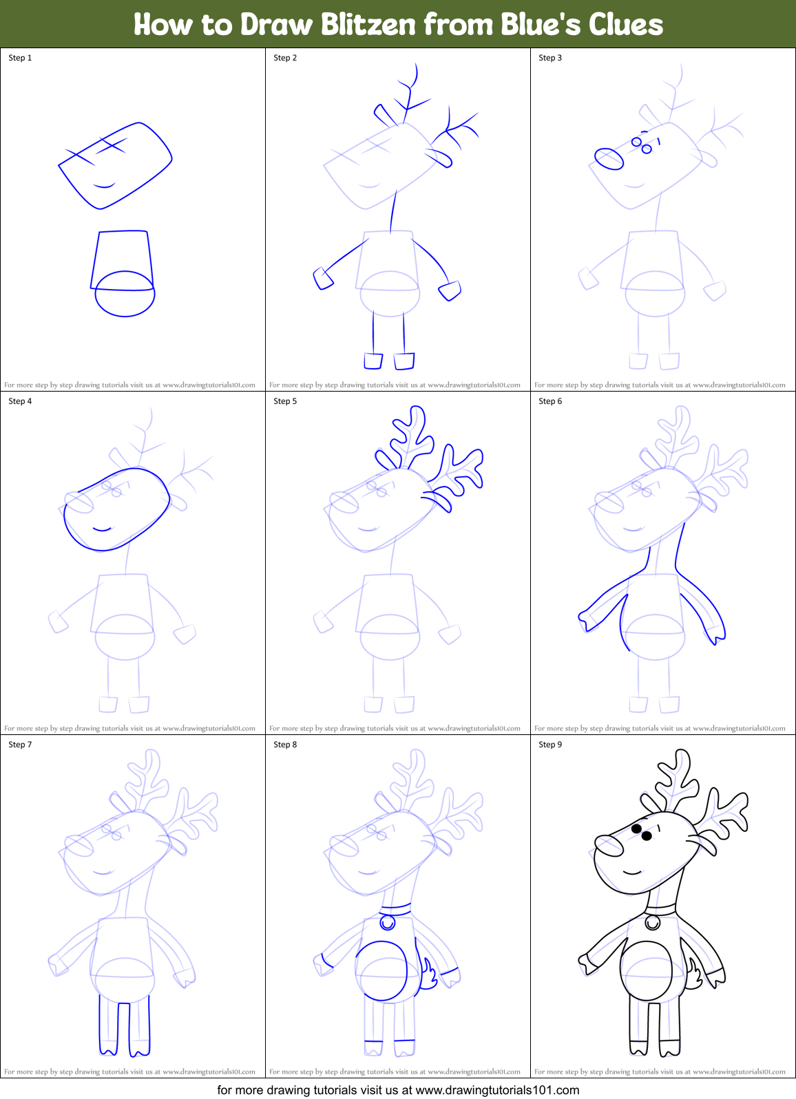 How to Draw Blitzen from Blue's Clues Printable Step by Step