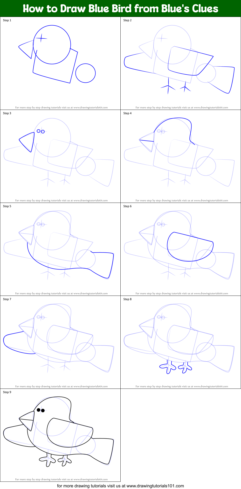 How to Draw Blue Bird from Blue's Clues Printable Step by Step