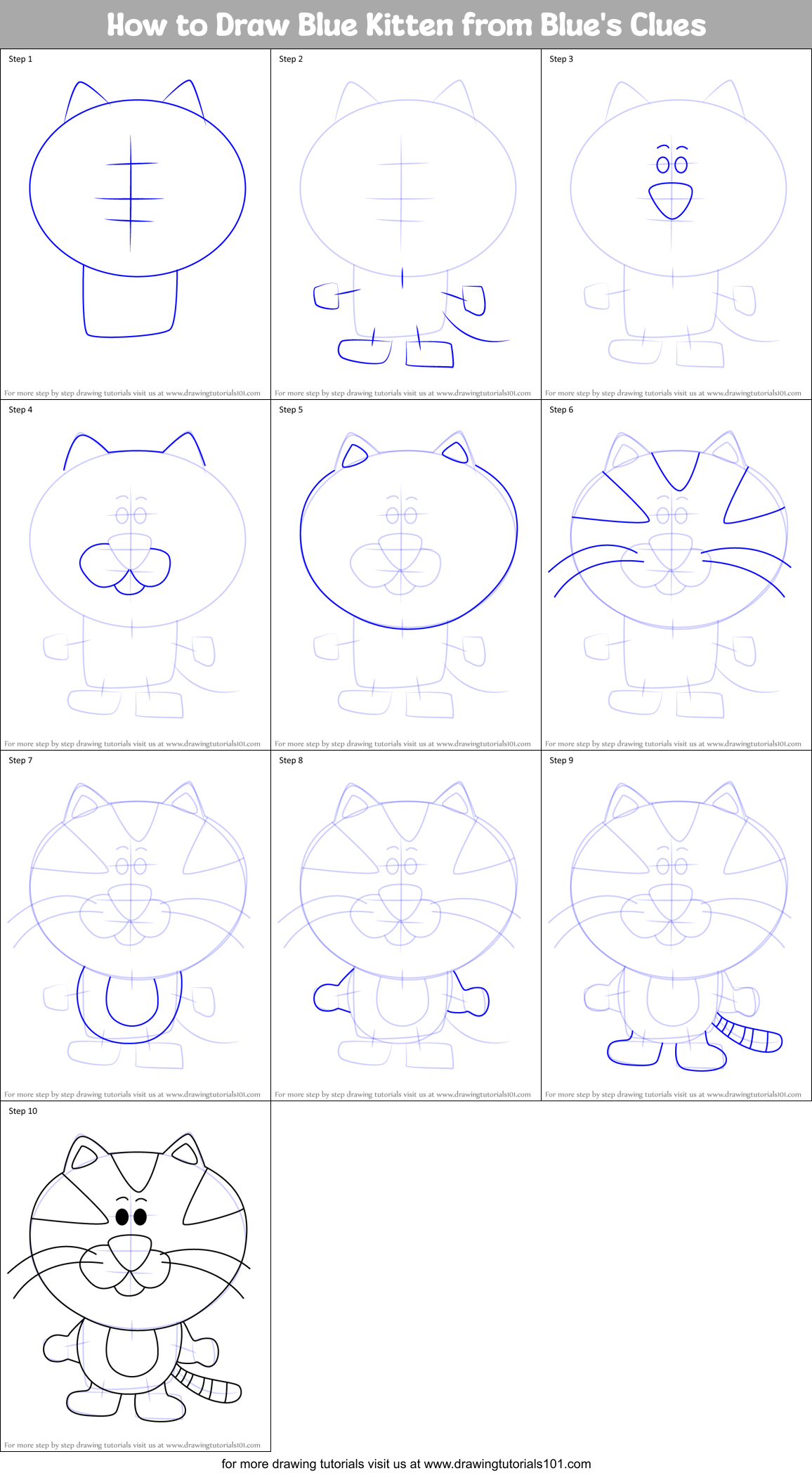 How to Draw Blue Kitten from Blue's Clues Printable Step by Step