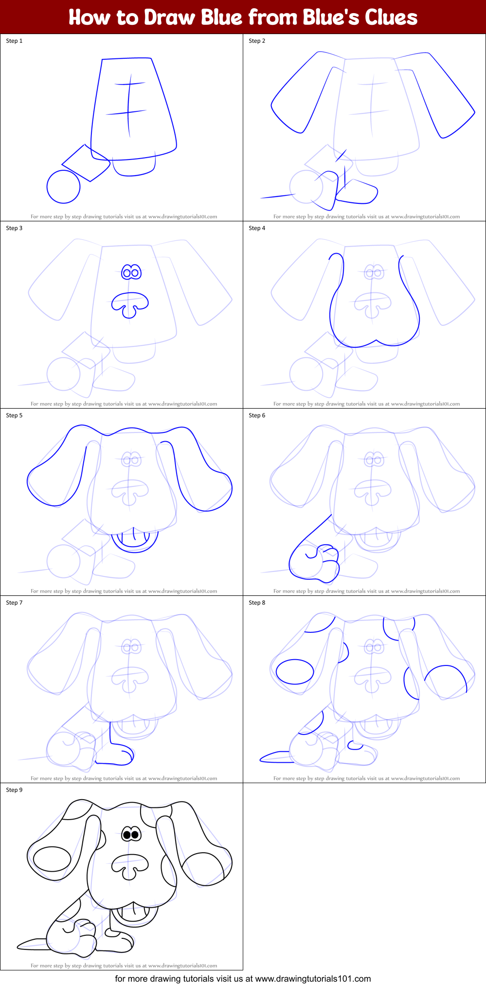 How to Draw Blue from Blue's Clues Printable Step by Step