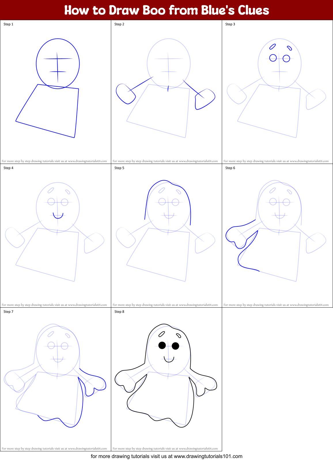 How to Draw Boo from Blue's Clues Printable Step by Step