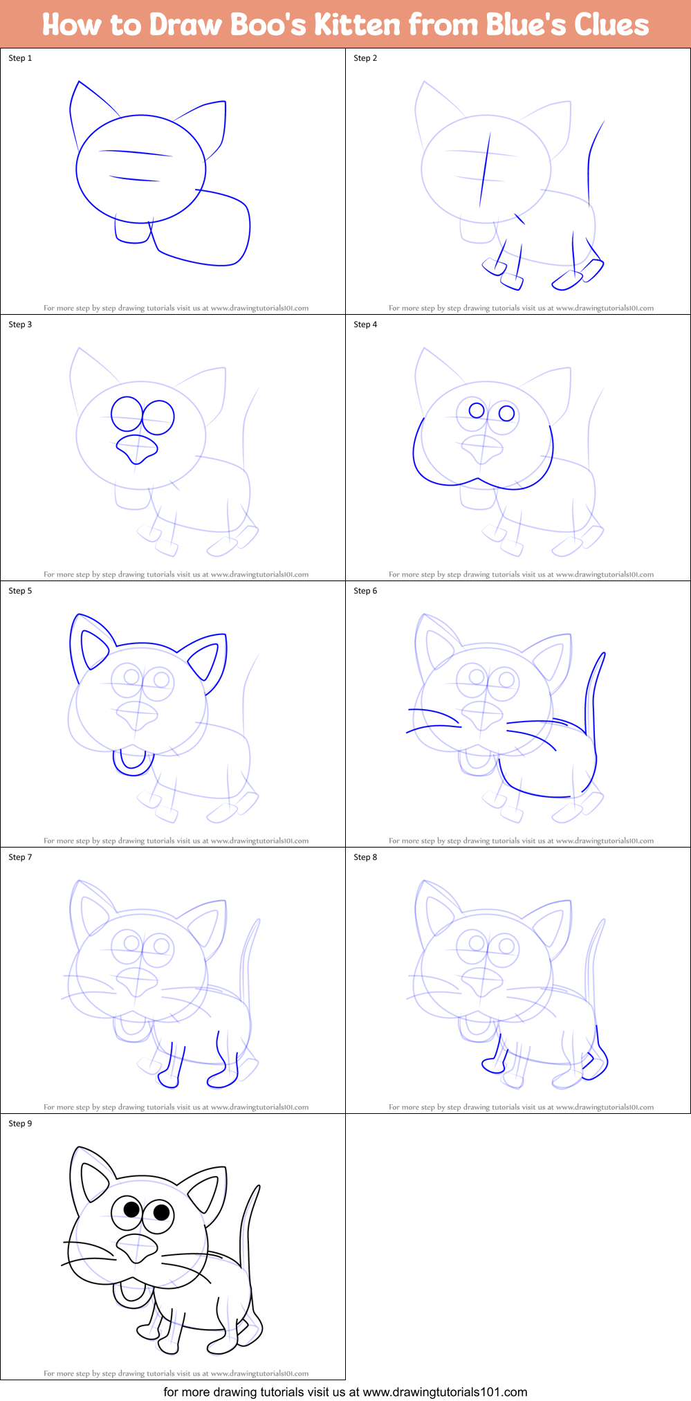 How to Draw Boo's Kitten from Blue's Clues Printable Step by Step