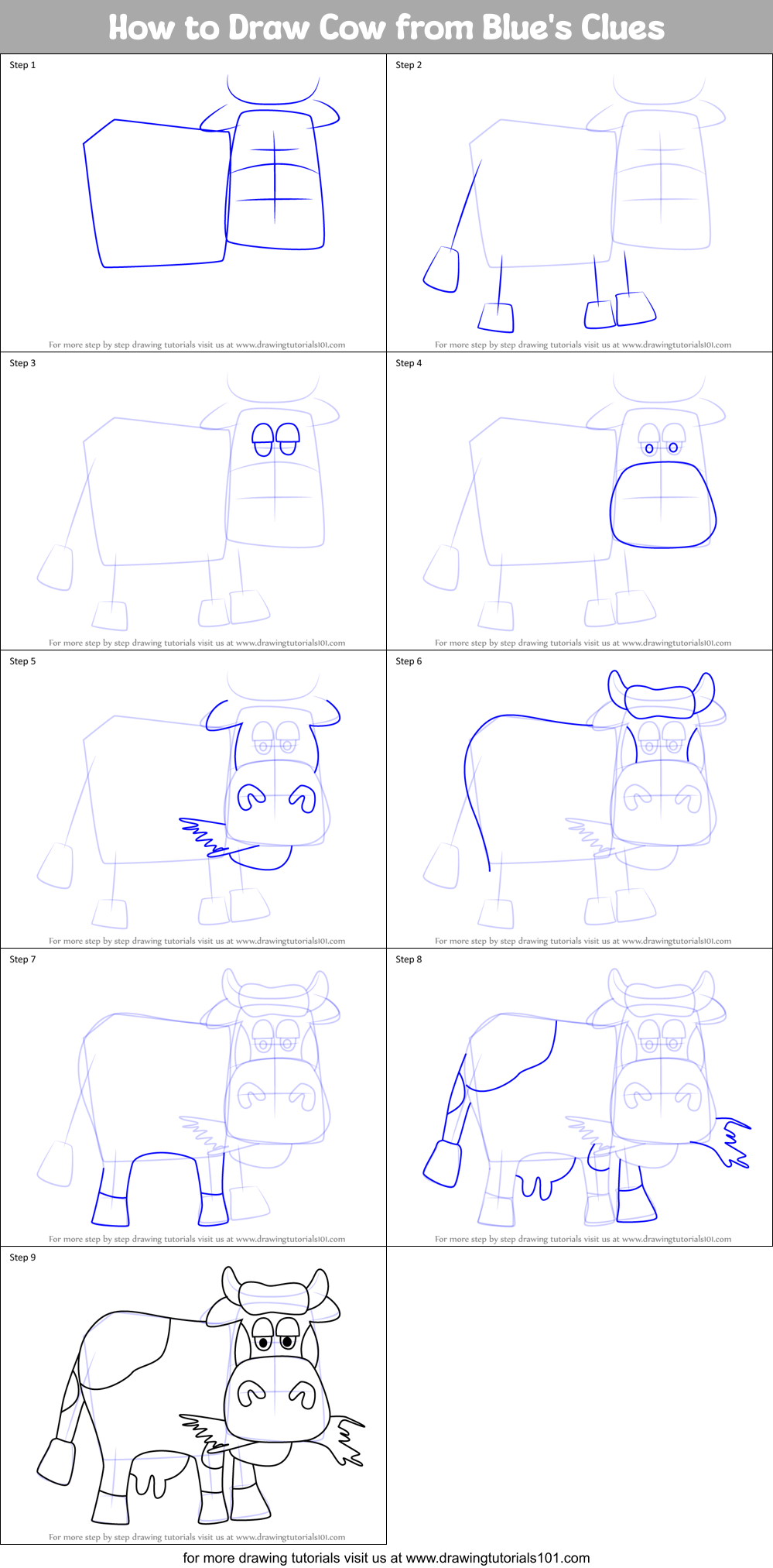 How to Draw Cow from Blue's Clues Printable Step by Step