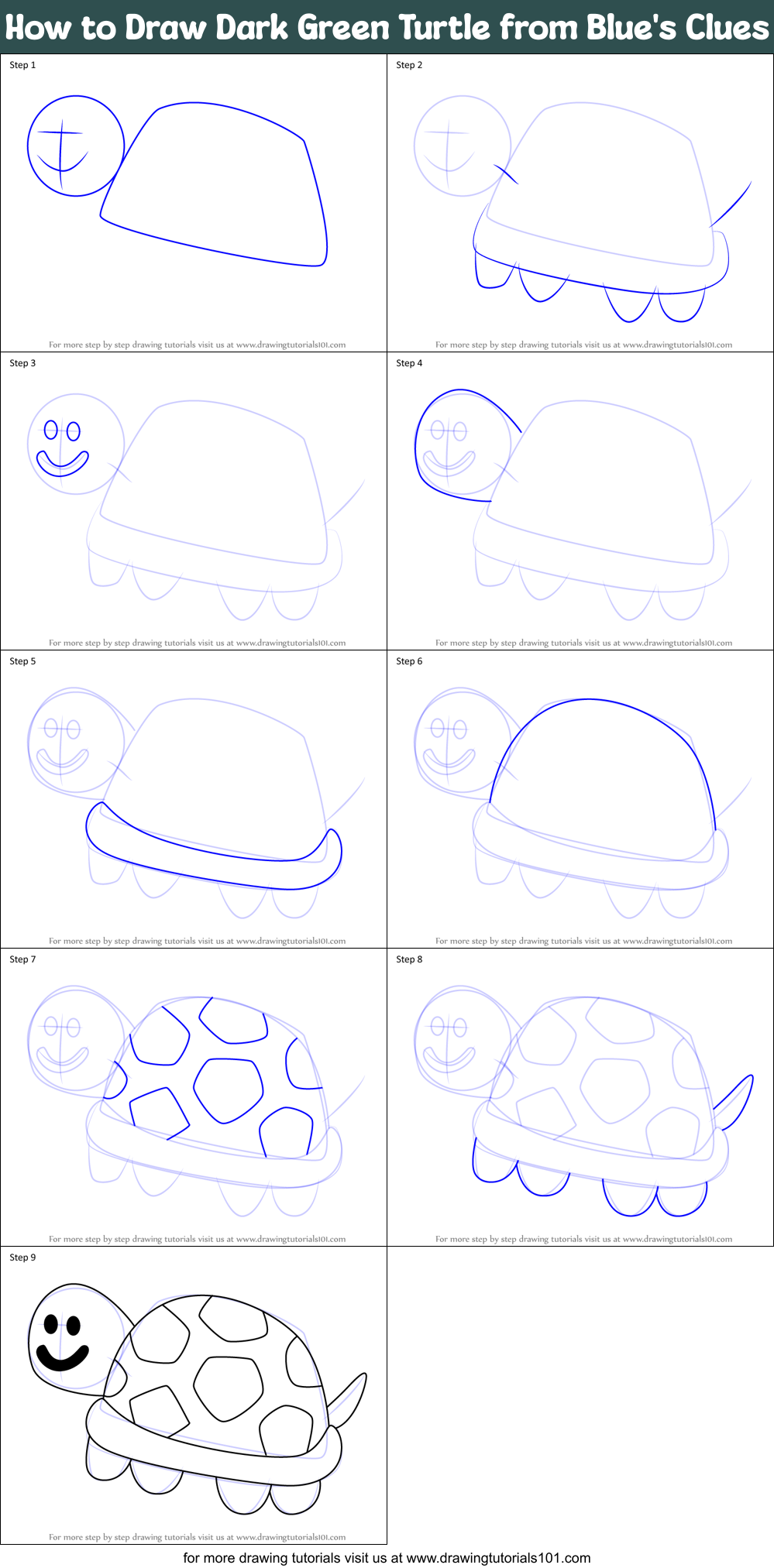 How to Draw Dark Green Turtle from Blue's Clues Printable Step by Step