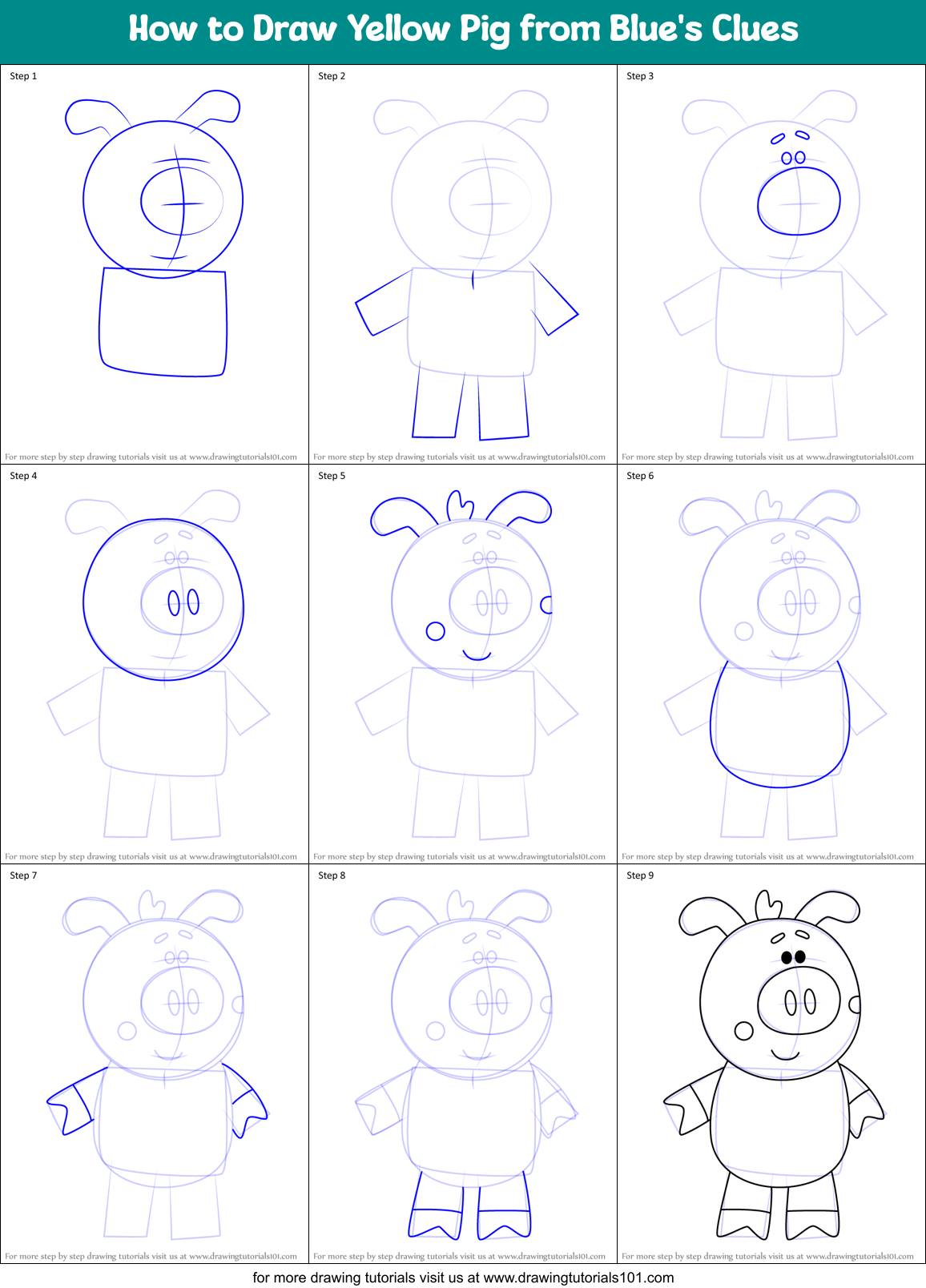 How to Draw Yellow Pig from Blue's Clues Printable Step by Step
