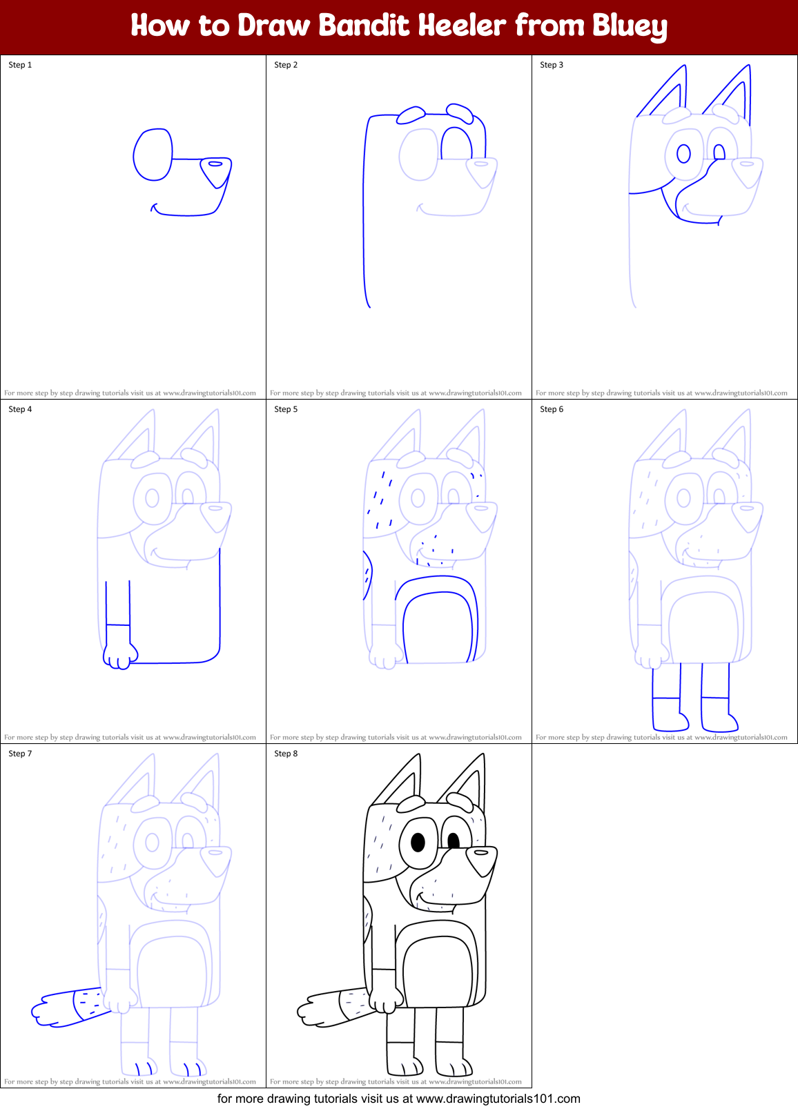 How to Draw Bandit Heeler from Bluey Printable Step by Step