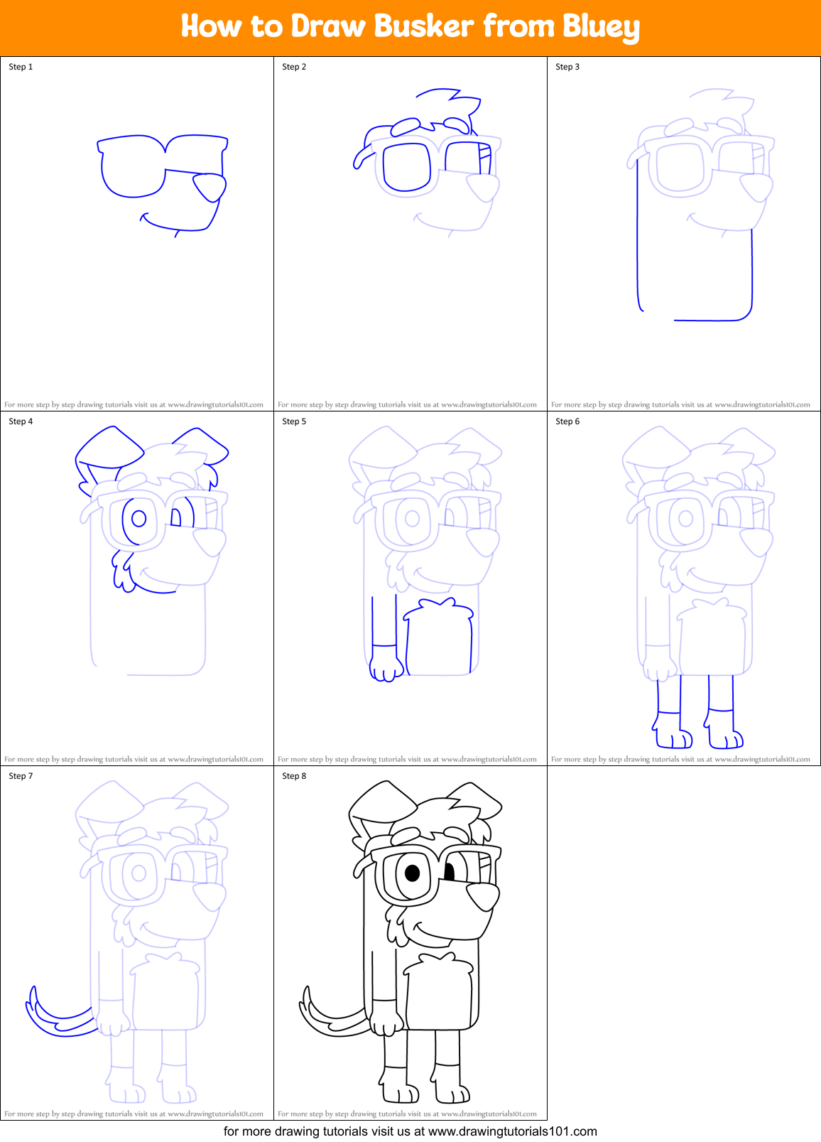 How to Draw Busker from Bluey Printable Step by Step