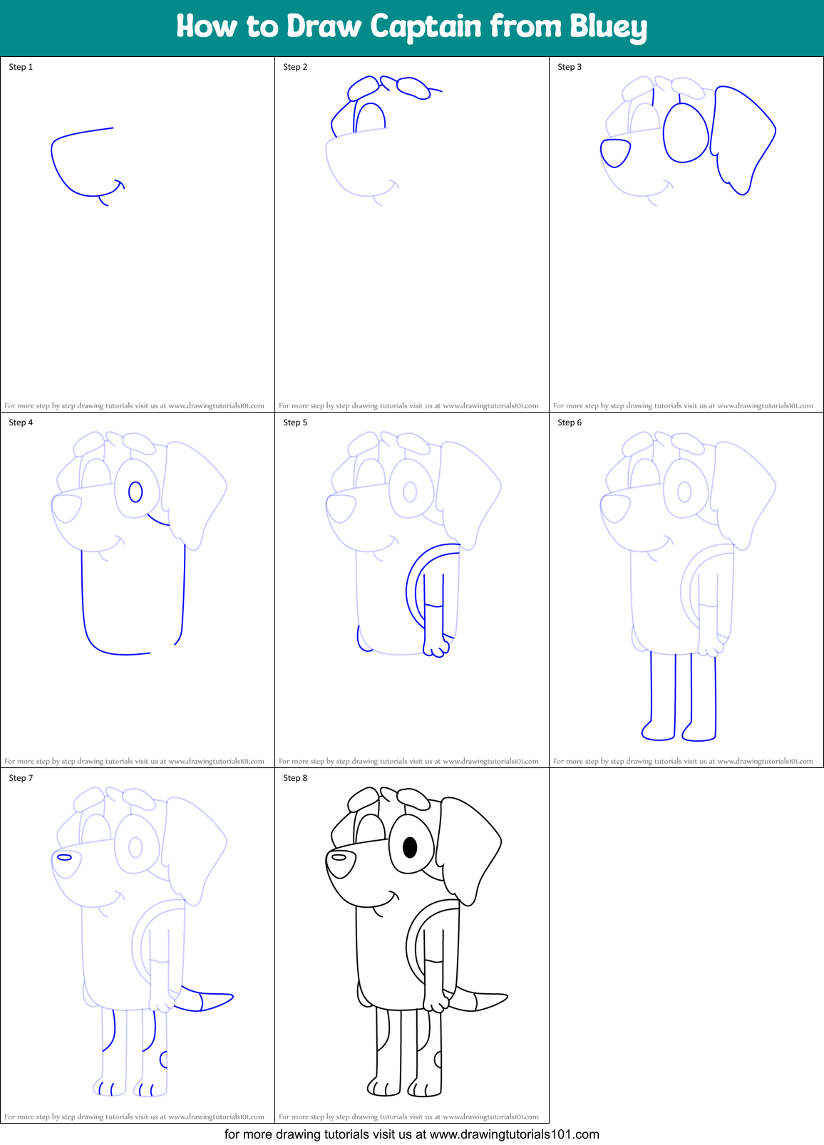 How to Draw Captain from Bluey Printable Step by Step