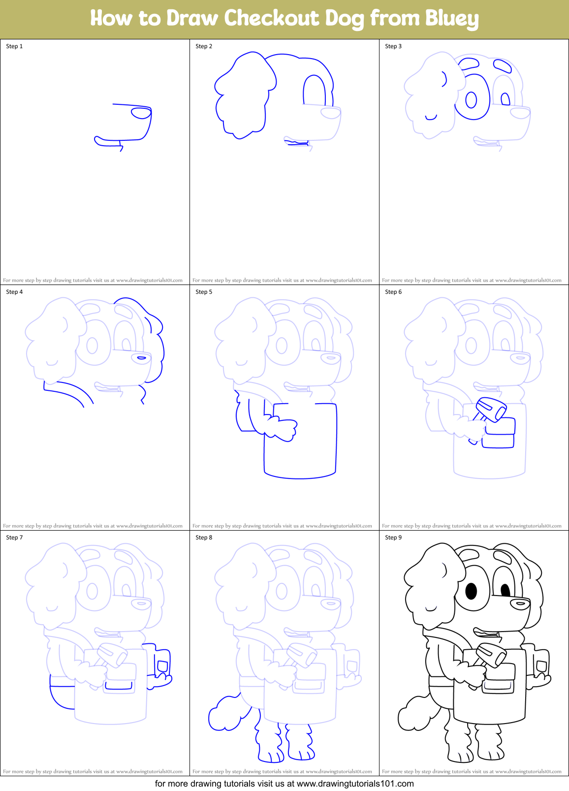 How to Draw Checkout Dog from Bluey Printable Step by Step
