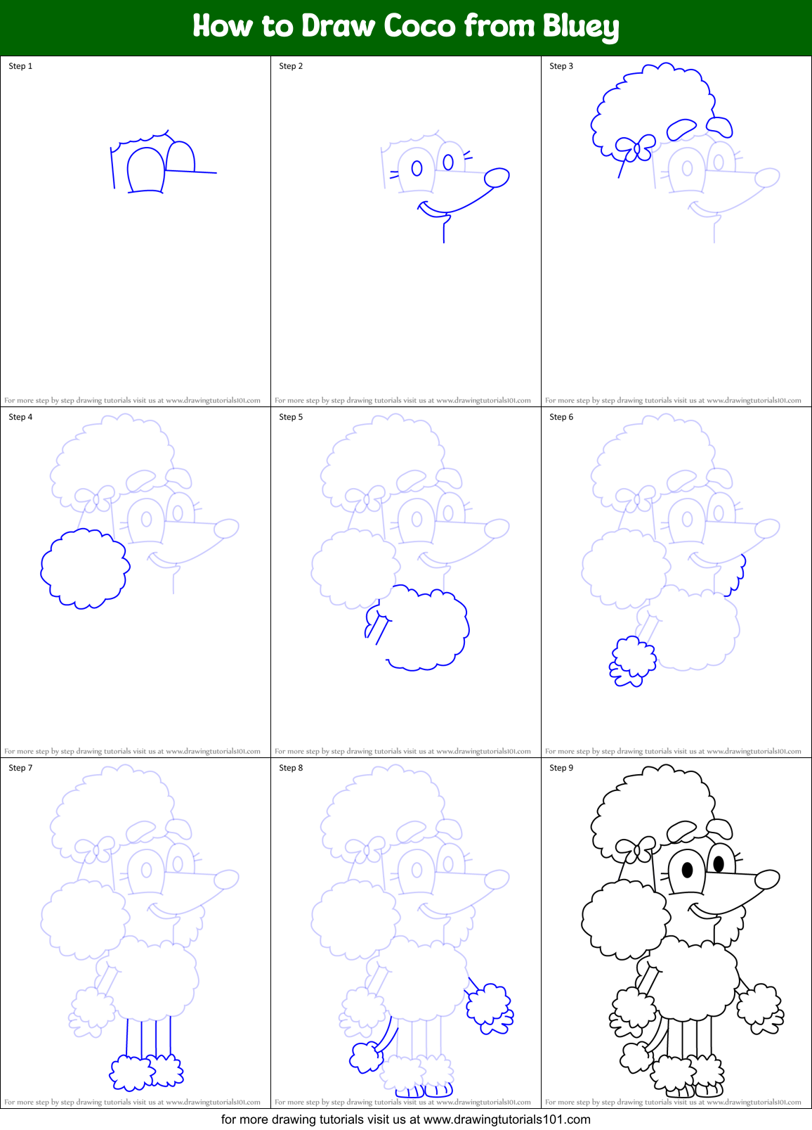 How to Draw Coco from Bluey Printable Step by Step