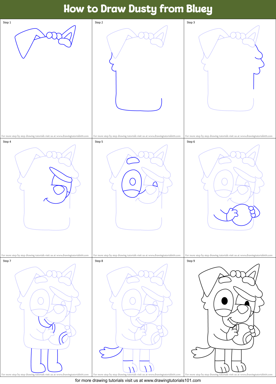How to Draw Dusty from Bluey Printable Step by Step