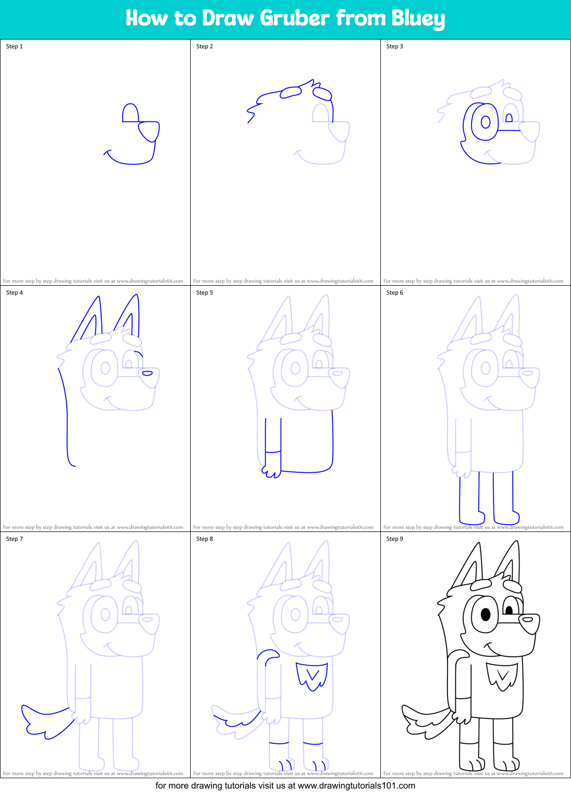 How to Draw Gruber from Bluey Printable Step by Step