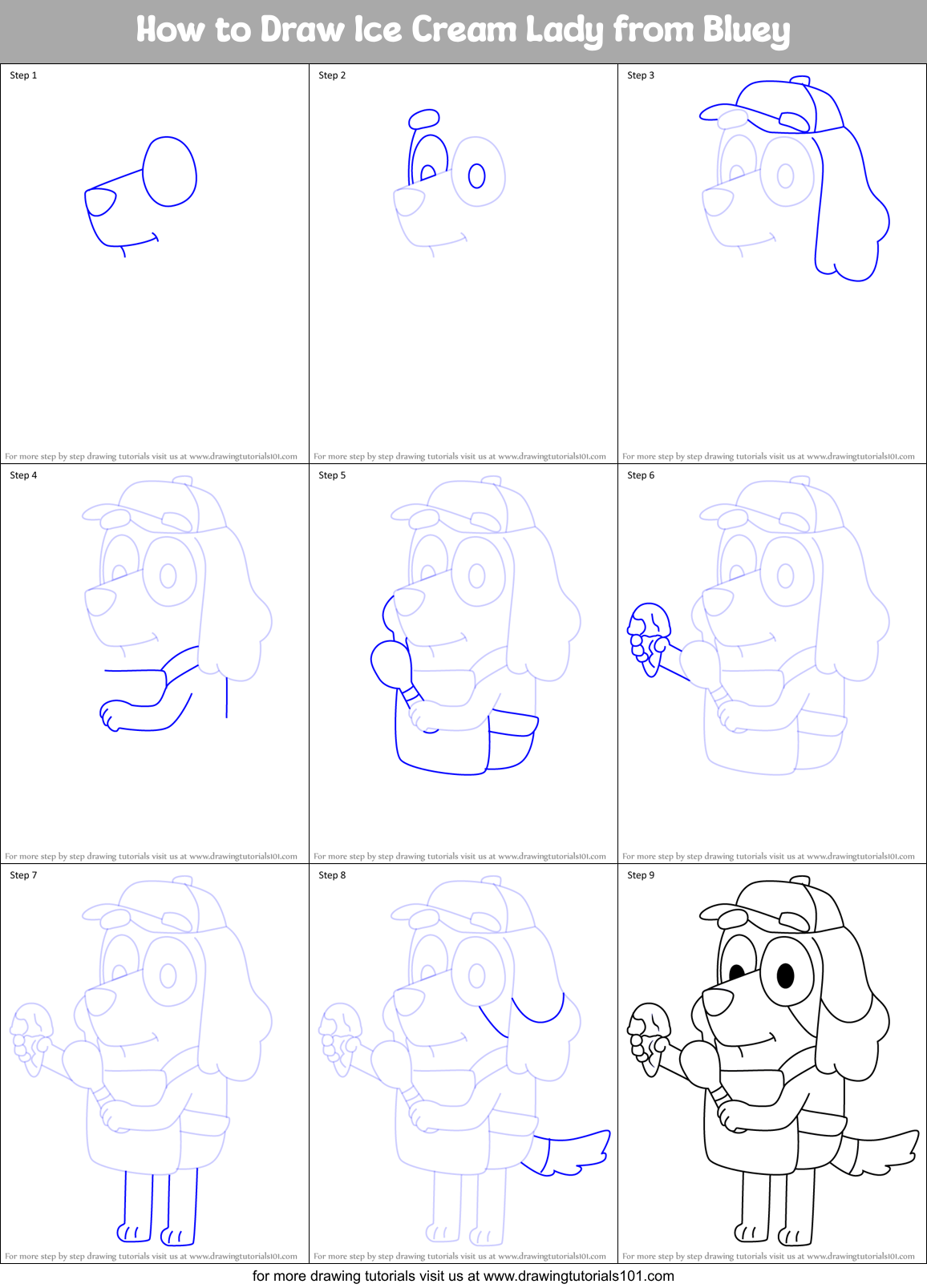How to Draw Ice Cream Lady from Bluey Printable Step by Step