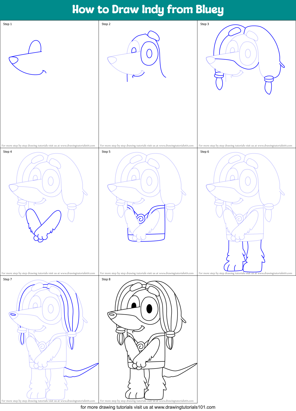 How to Draw Indy from Bluey Printable Step by Step