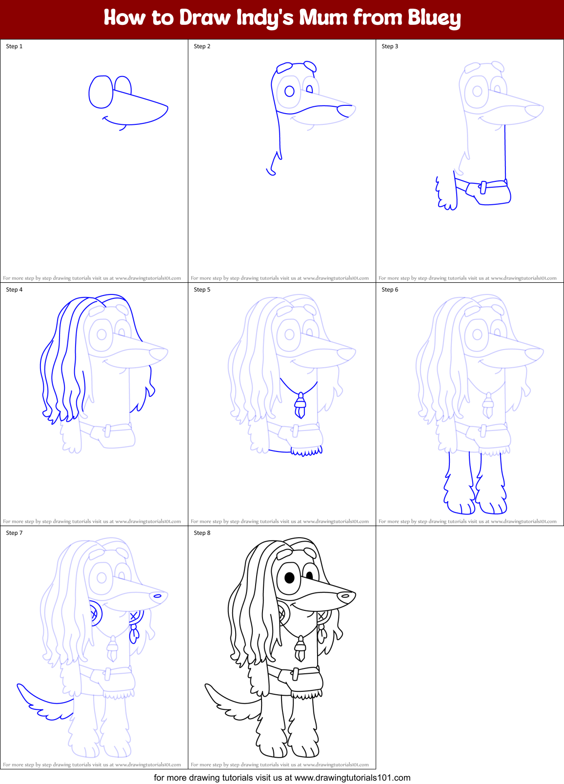 How to Draw Indy's Mum from Bluey Printable Step by Step