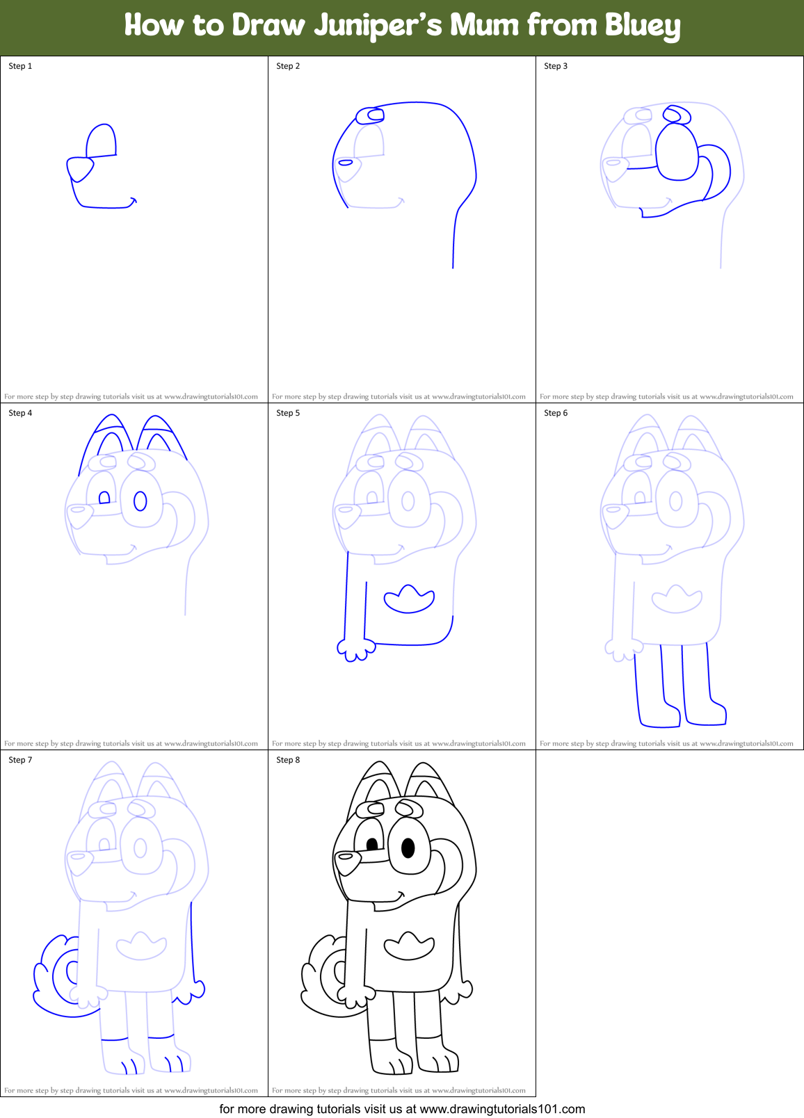 How to Draw Juniper’s Mum from Bluey Printable Step by Step