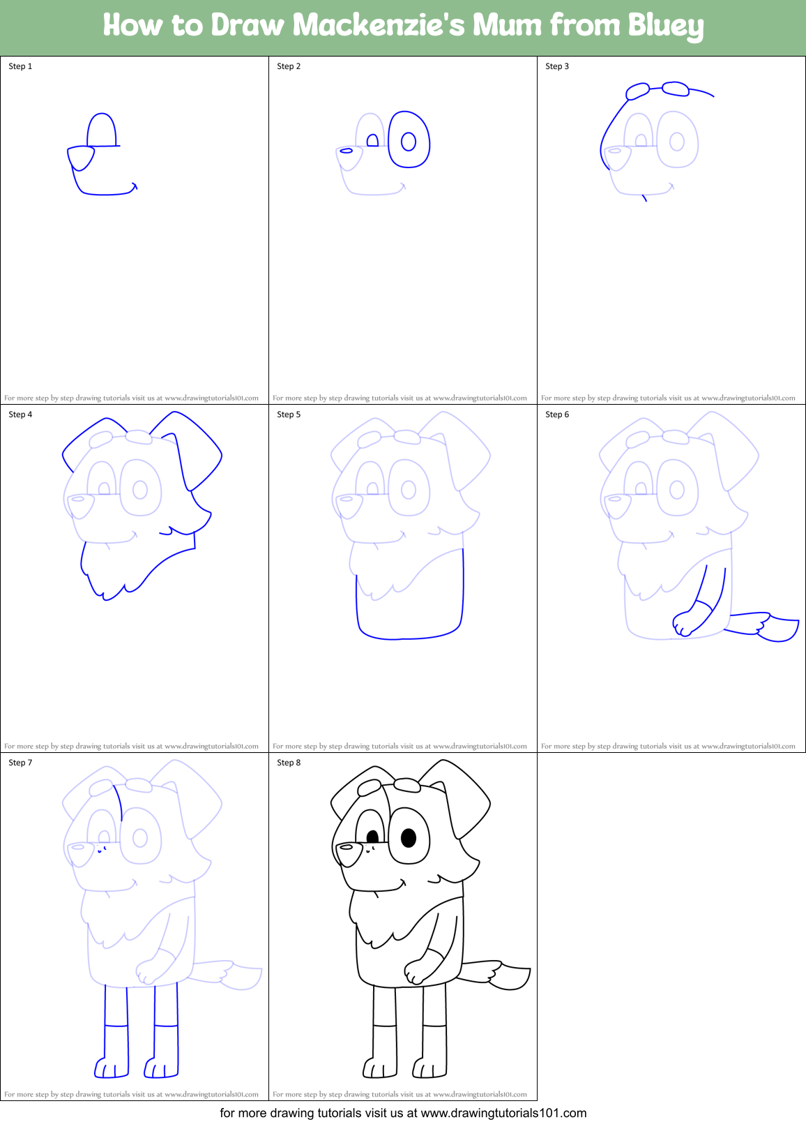 How to Draw Mackenzie's Mum from Bluey Printable Step by Step