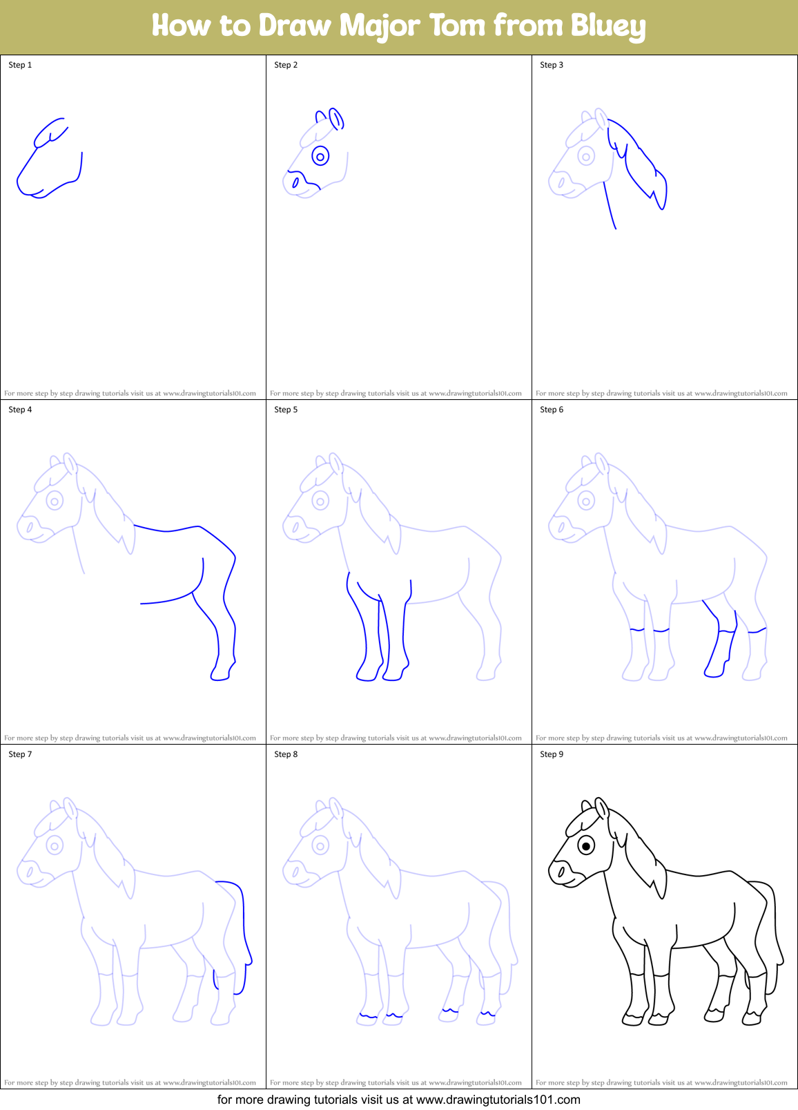 How to Draw Major Tom from Bluey Printable Step by Step