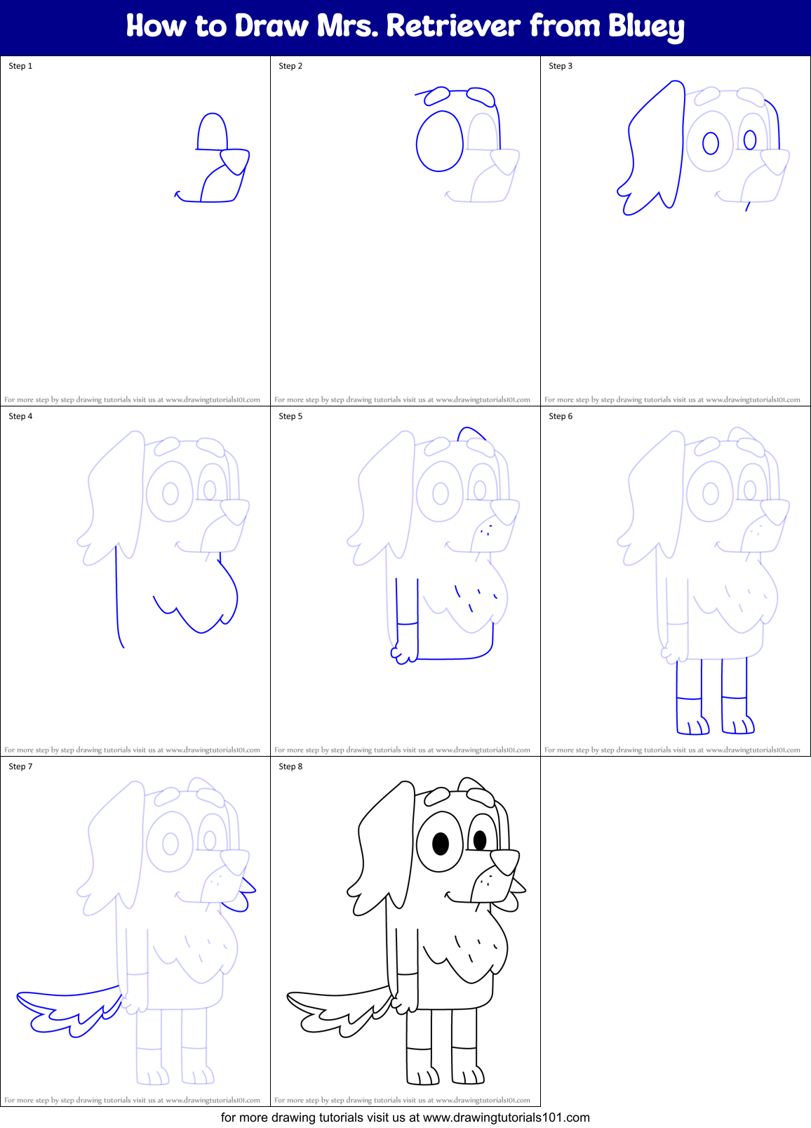 How to Draw Mrs. Retriever from Bluey Printable Step by Step