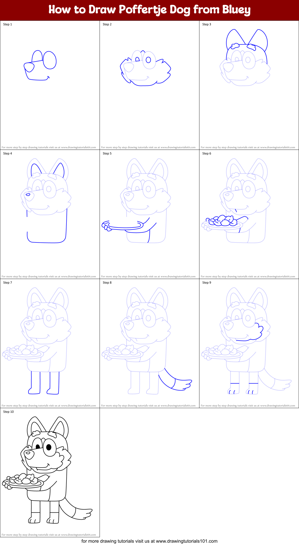 How to Draw Poffertje Dog from Bluey Printable Step by Step
