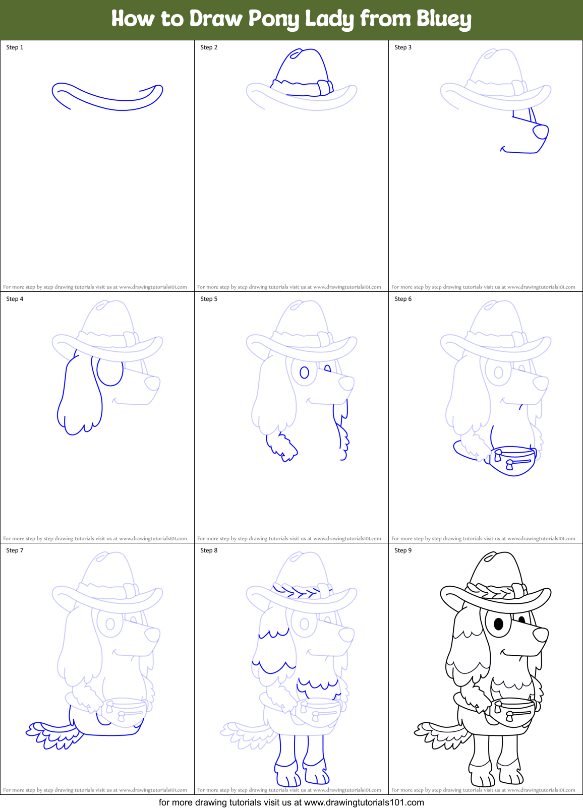 How to Draw Pony Lady from Bluey Printable Step by Step