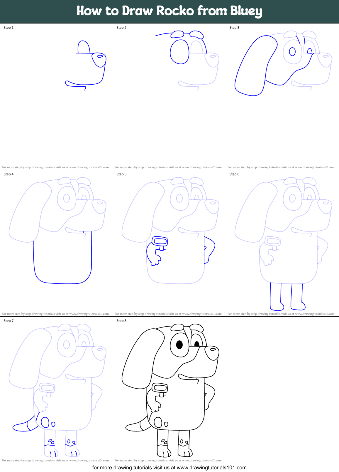 How to Draw Rocko from Bluey Printable Step by Step