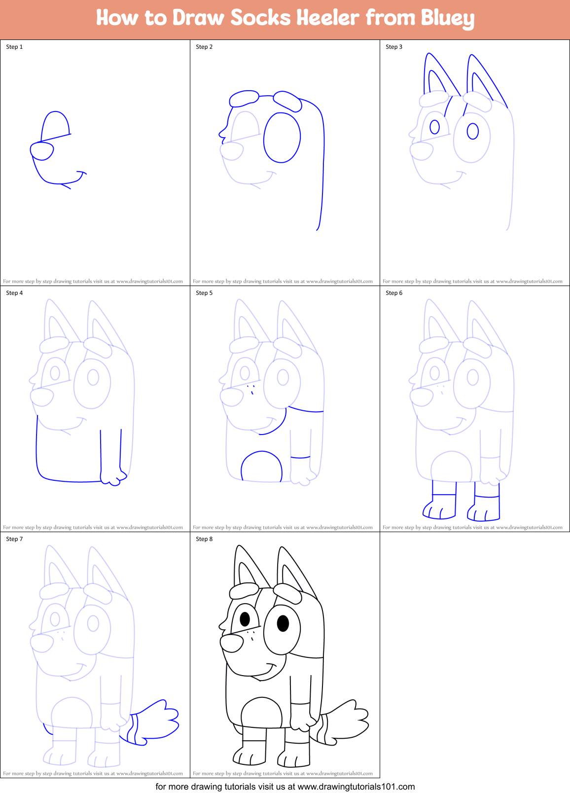 How to Draw Socks Heeler from Bluey Printable Step by Step