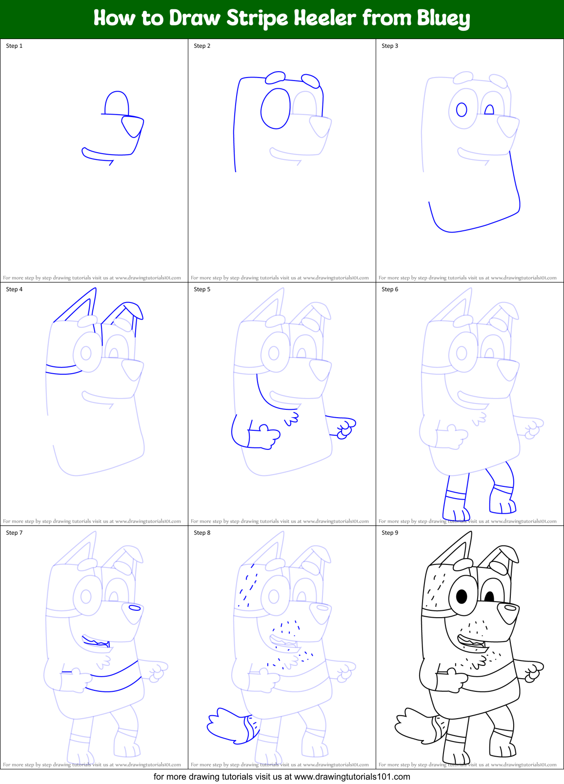 How to Draw Stripe Heeler from Bluey Printable Step by Step