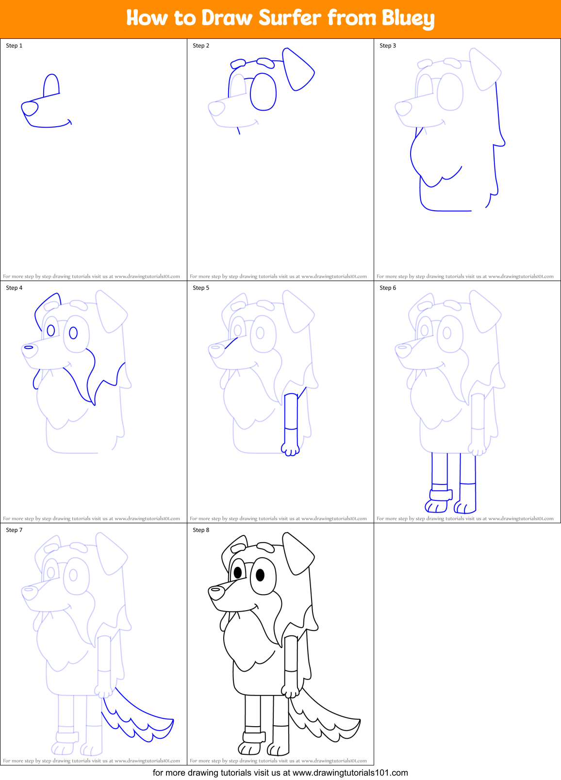 How to Draw Surfer from Bluey Printable Step by Step