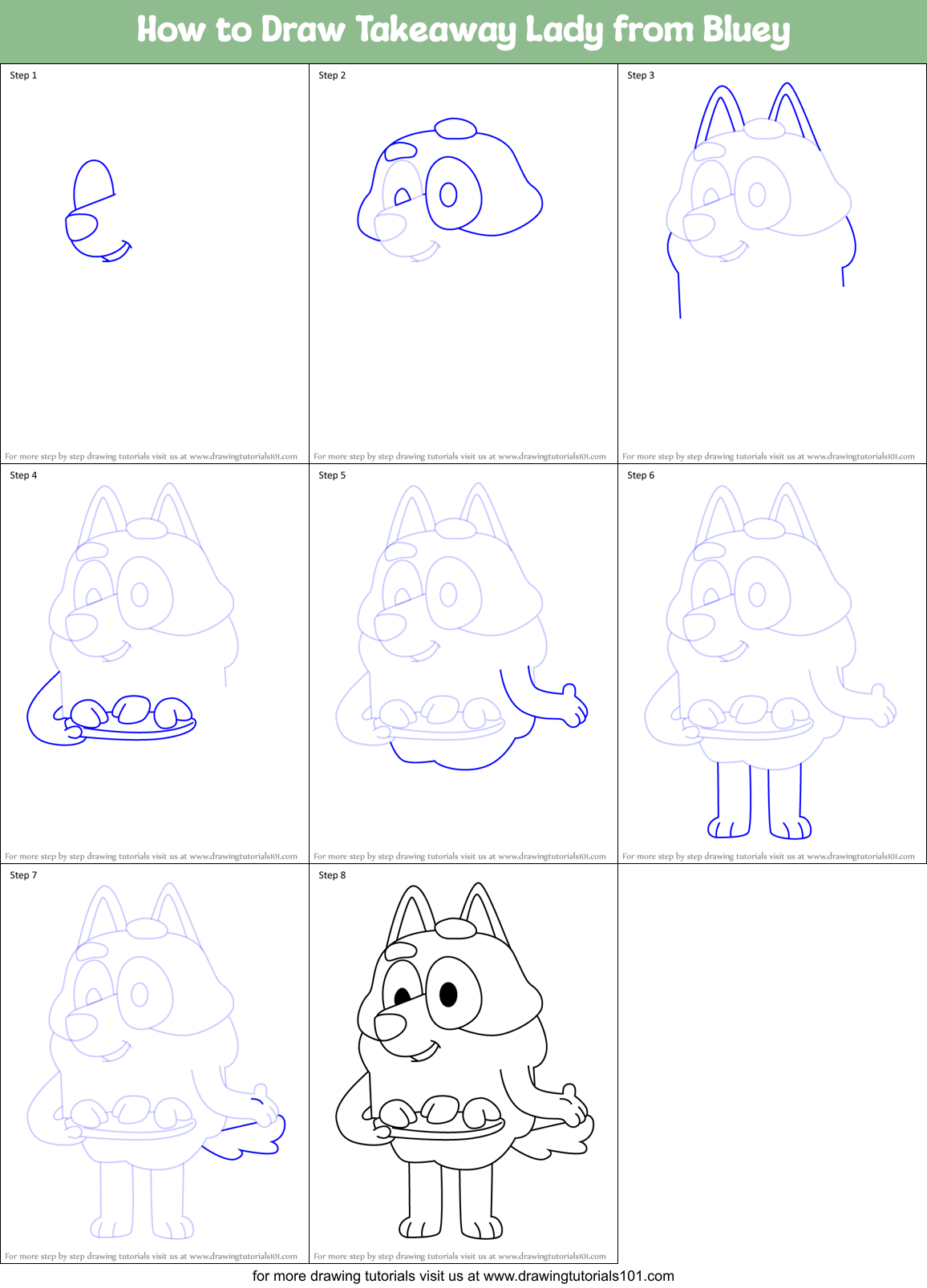 How to Draw Takeaway Lady from Bluey Printable Step by Step