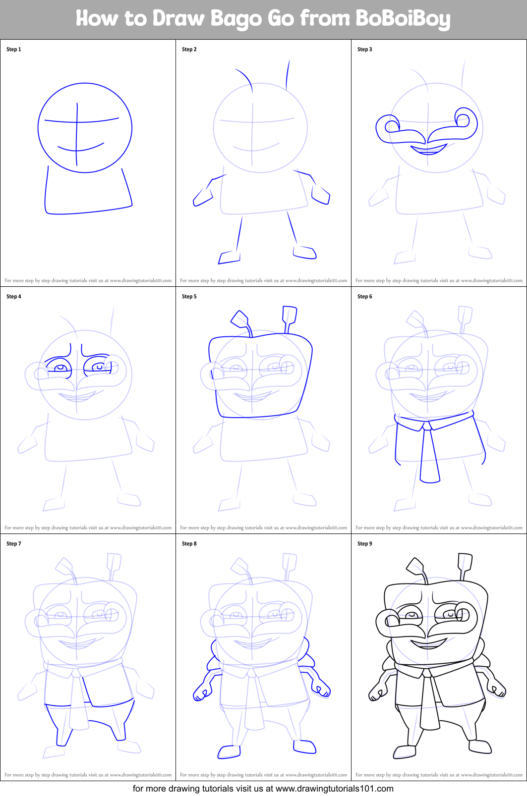 How to Draw Bago Go from BoBoiBoy Printable Step by Step