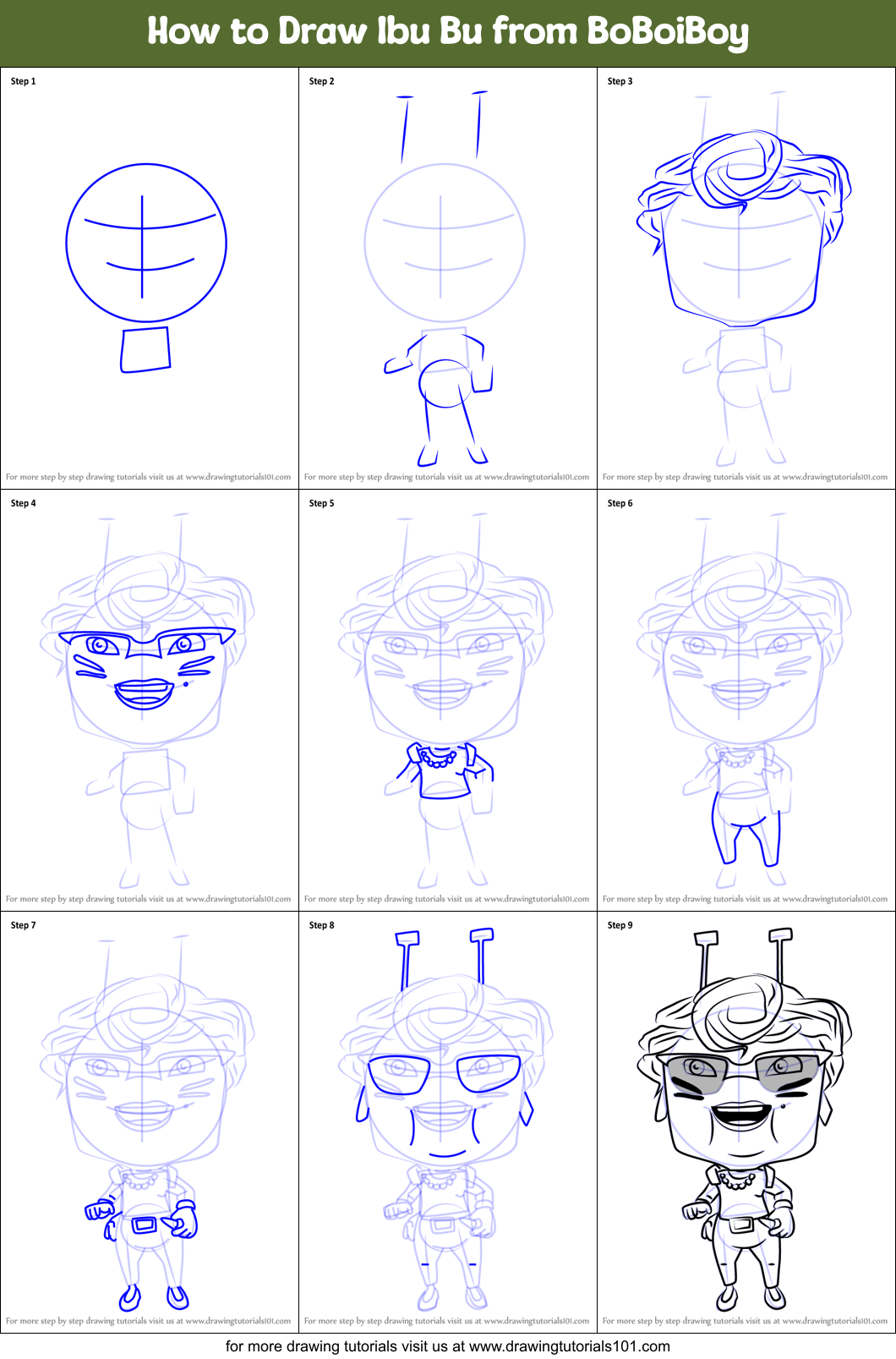 How to Draw Ibu Bu from BoBoiBoy Printable Step by Step