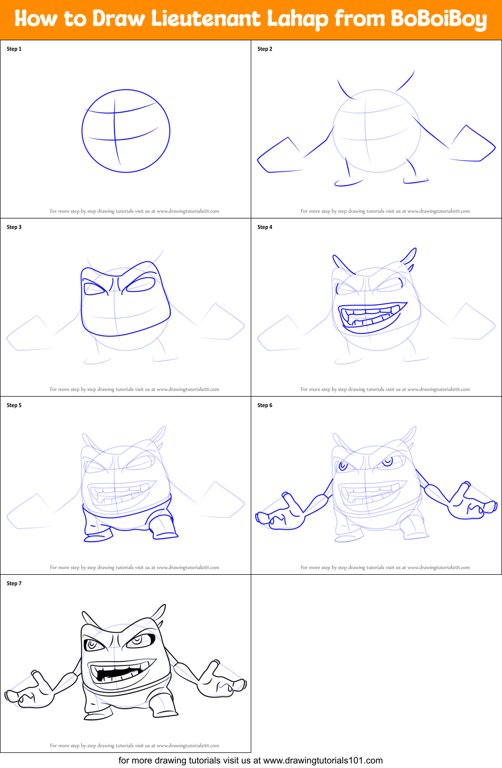 How to Draw Lieutenant Lahap from BoBoiBoy Printable Step by Step