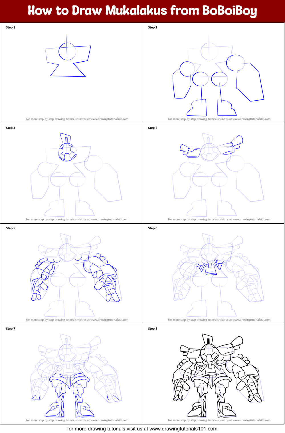 How to Draw Mukalakus from BoBoiBoy Printable Step by Step